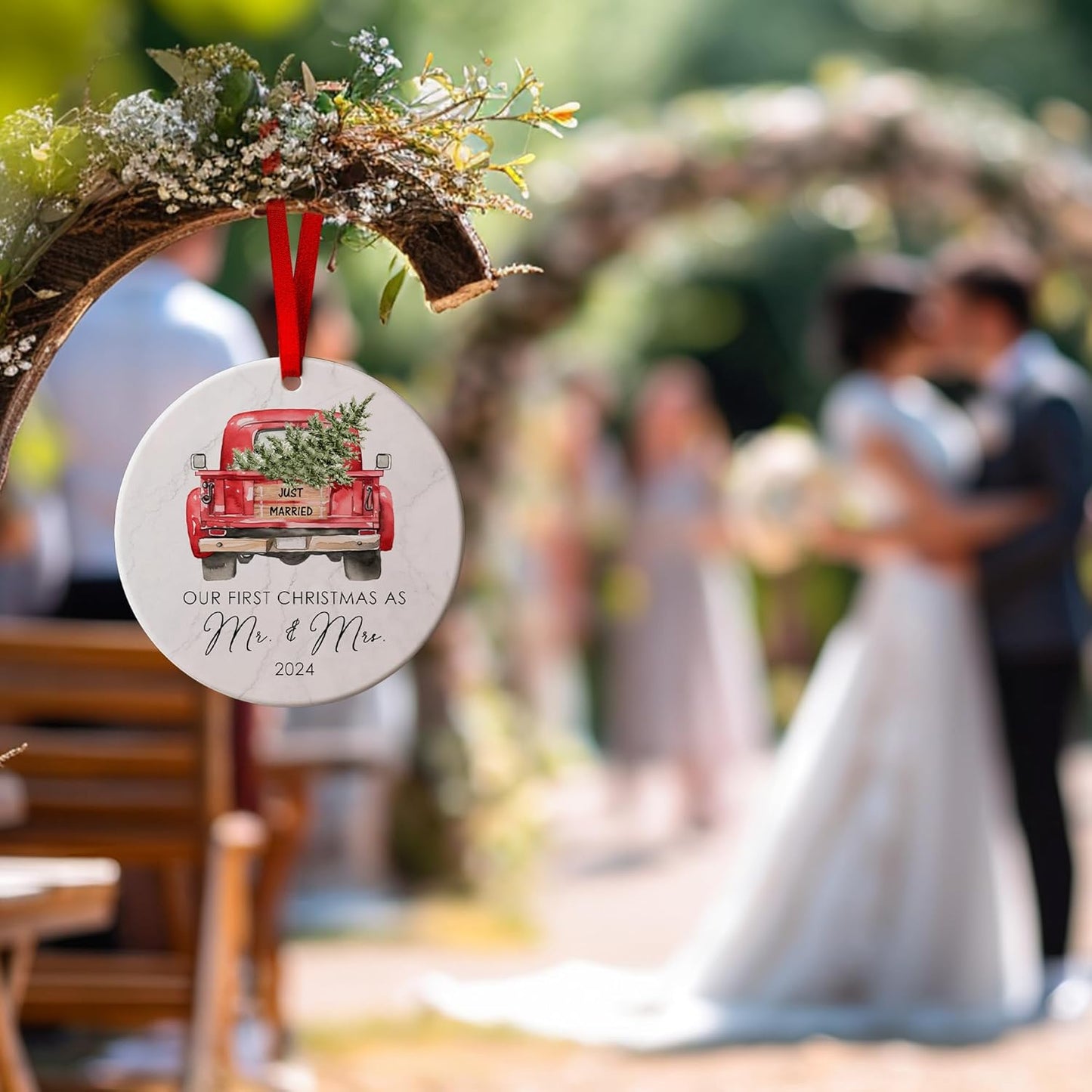 Wedding Gifts for Couples 2024 - First Christmas Married Ornament, Just Married Ornaments, Mr & Mrs Gift Ideas for Newlywed, Bridal Shower Bride Presents, 1st Xmas Married Ceramic Ornament w/Gift Bag