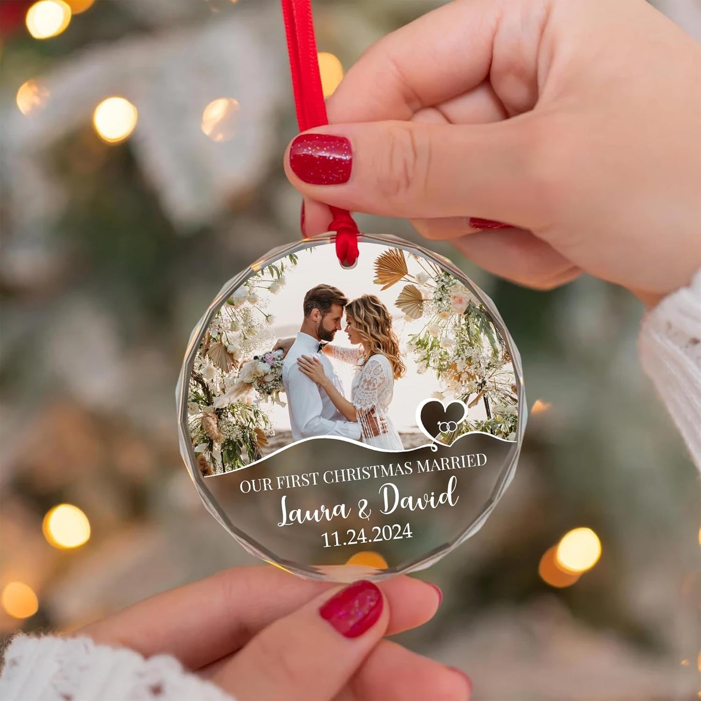 Custom Wedding Glass Ornament - Our First Christmas As Mr& Mrs Ornament - Personalized First Christmas Ornaments with Custom Name, Photo, Date