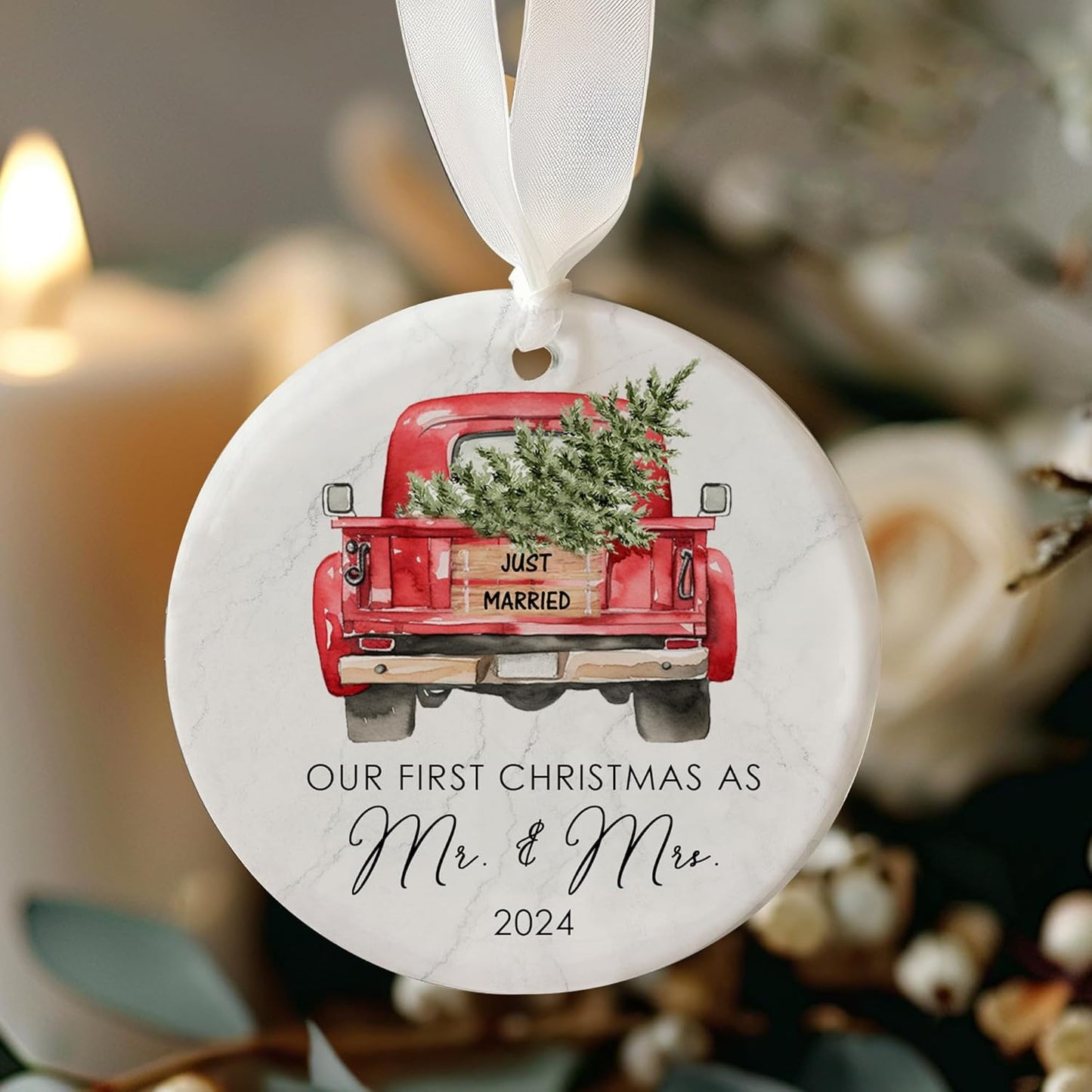 Wedding Gifts for Couples 2024 - First Christmas Married Ornament, Just Married Ornaments, Mr & Mrs Gift Ideas for Newlywed, Bridal Shower Bride Presents, 1st Xmas Married Ceramic Ornament w/Gift Bag
