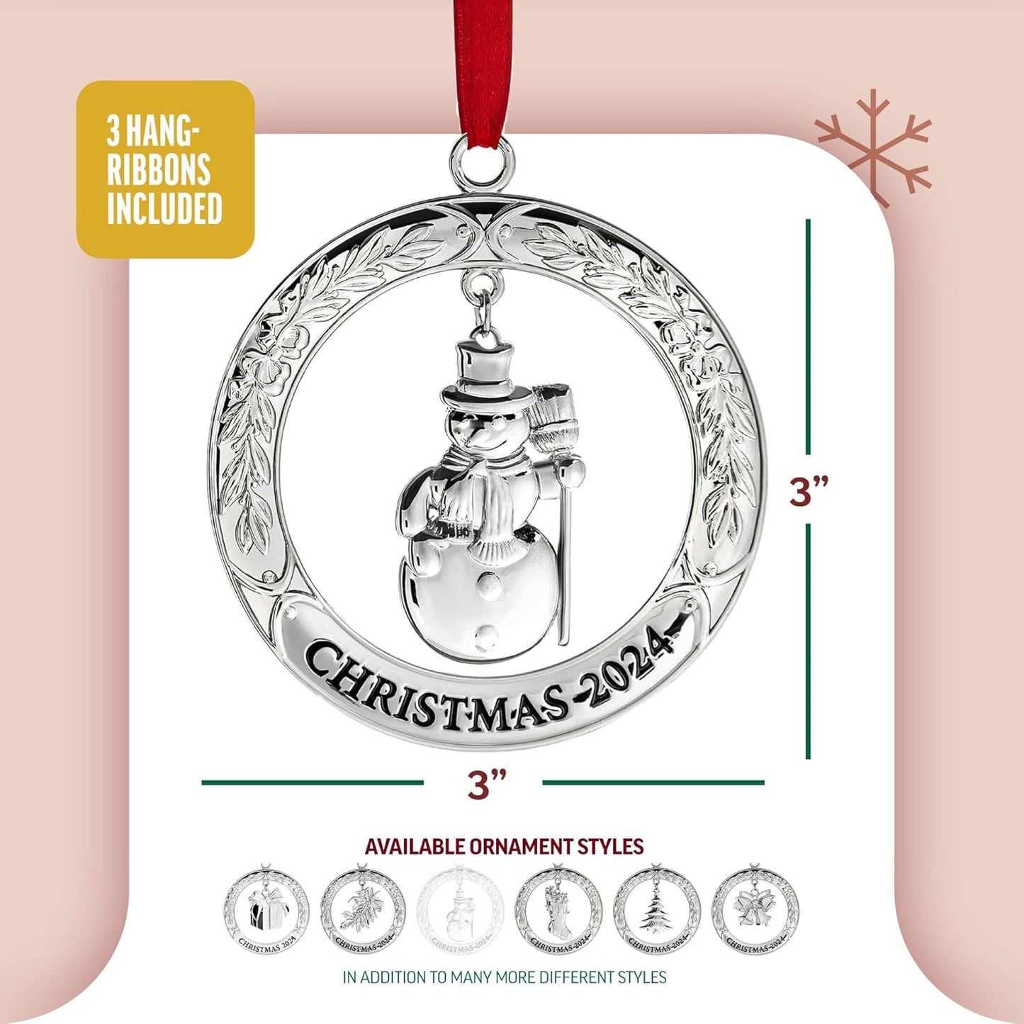 Klikel Christmas Ornament 2024 - Shiny Silver Christmas Ornament 2024 Wreath with Snowman - Dated 2024 Christmas Ornament - 2024 Ornament for Christmas Tree - Snowman Ornament for Holidays 2024