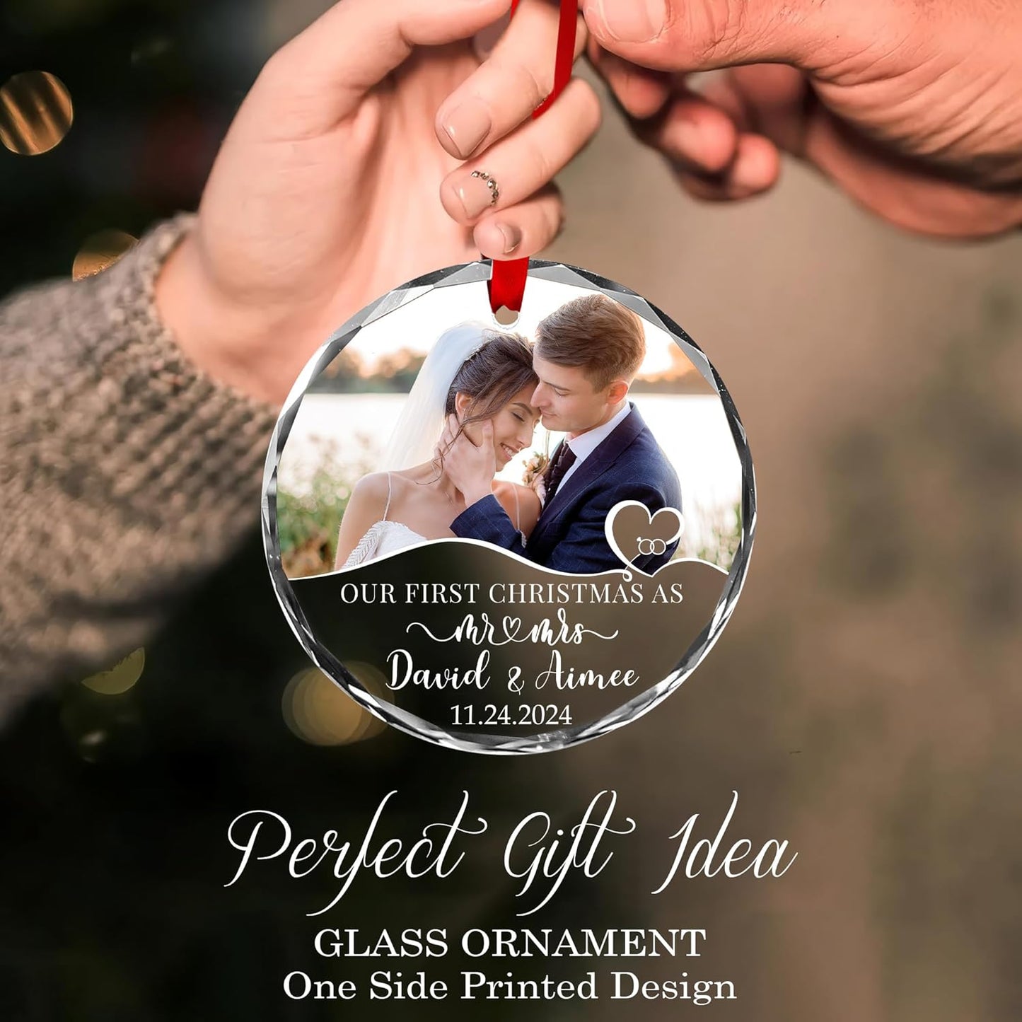 Custom Wedding Glass Ornament - Our First Christmas As Mr& Mrs Ornament - Personalized First Christmas Ornaments with Custom Name, Photo, Date