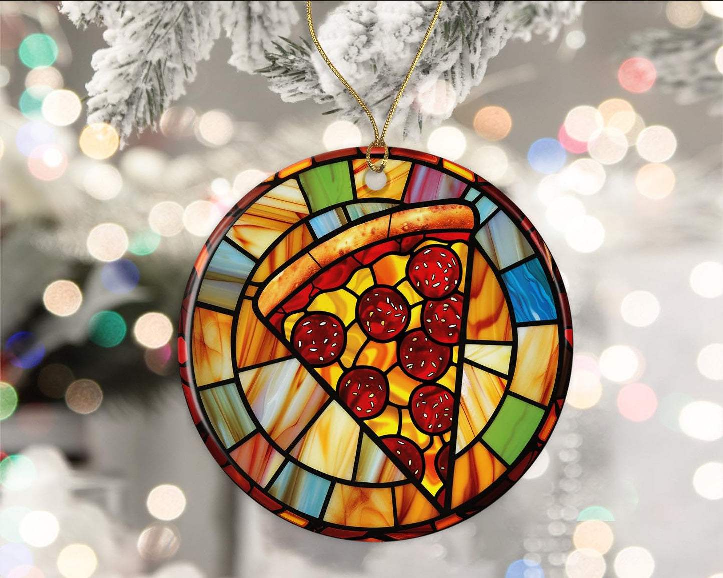 Pizza Stained Glass Ornament Ceramic, Ornament for Pizza Lovers, Funny Foodie Gift, Junk Food Christmas Ornament, Stained Glass Ornament, Merry Christmas Ornament Printed on One Side