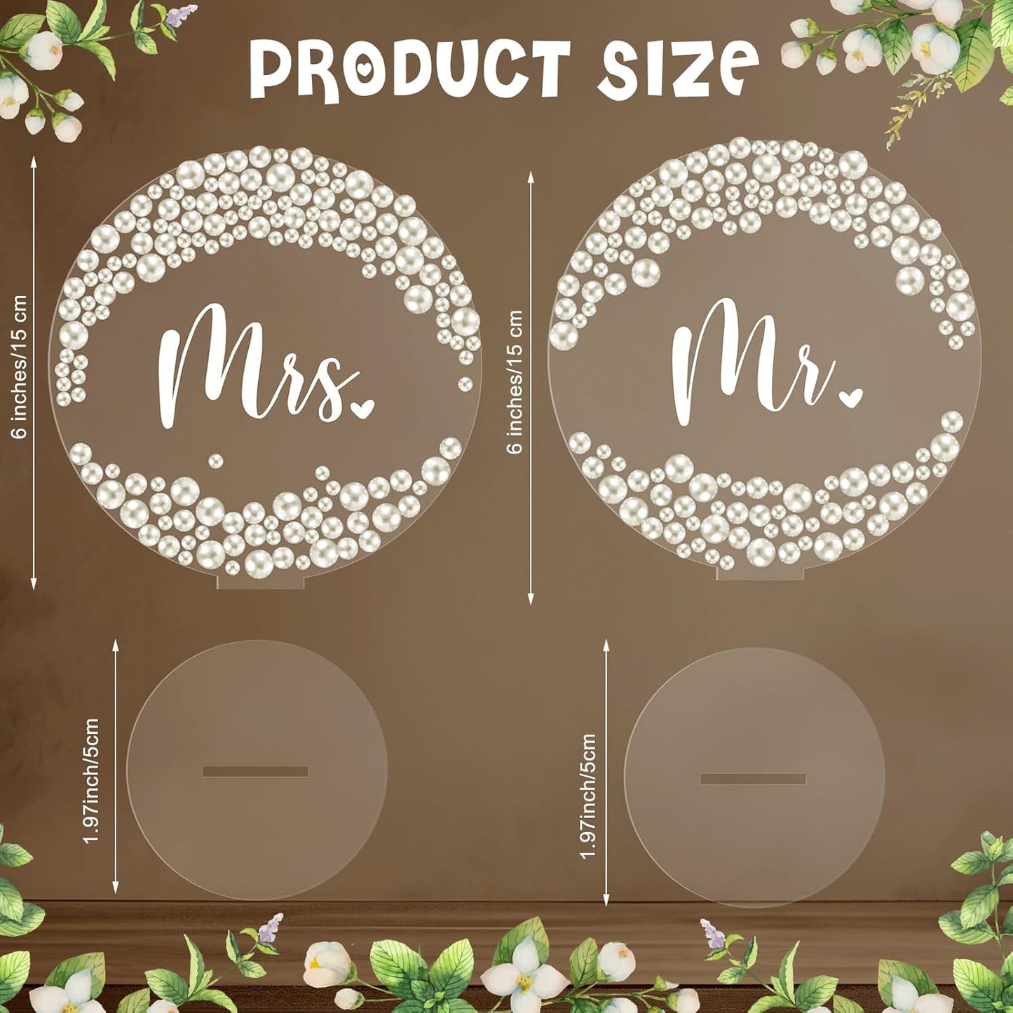 2 Pcs Mr and Mrs Sign for Wedding Table Decorations 6 Inch Acrylic Mr & Mrs Signs Pearl Sparkly Bride Groom Wedding Stuff Centerpieces for Reception Engagement Party Head Table(Round)