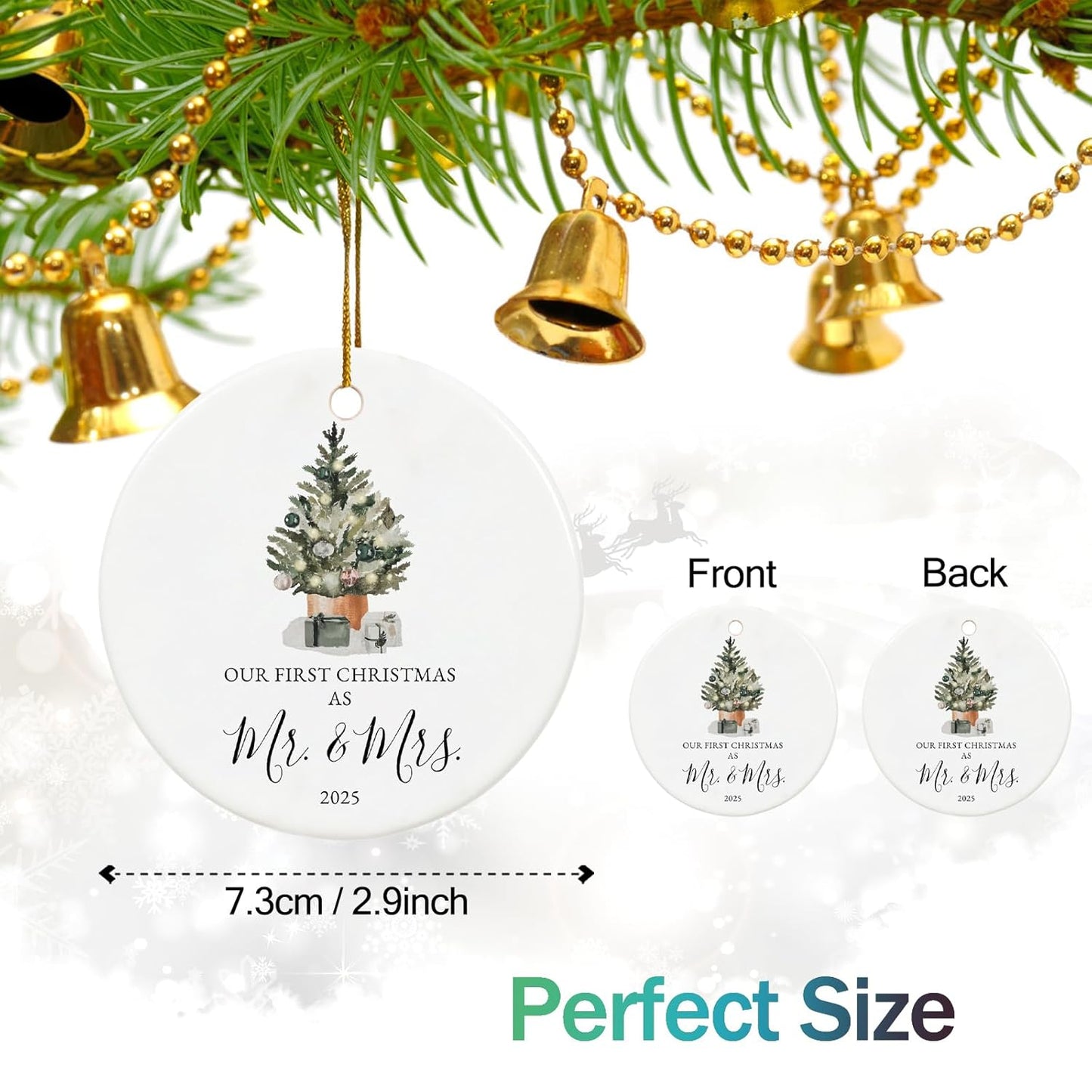 Our First Christmas Married Ornament 2025, Just Married Gifts for Couple, Mr and Mrs, Ceramic Keepsake with Ribbon and Gift Box