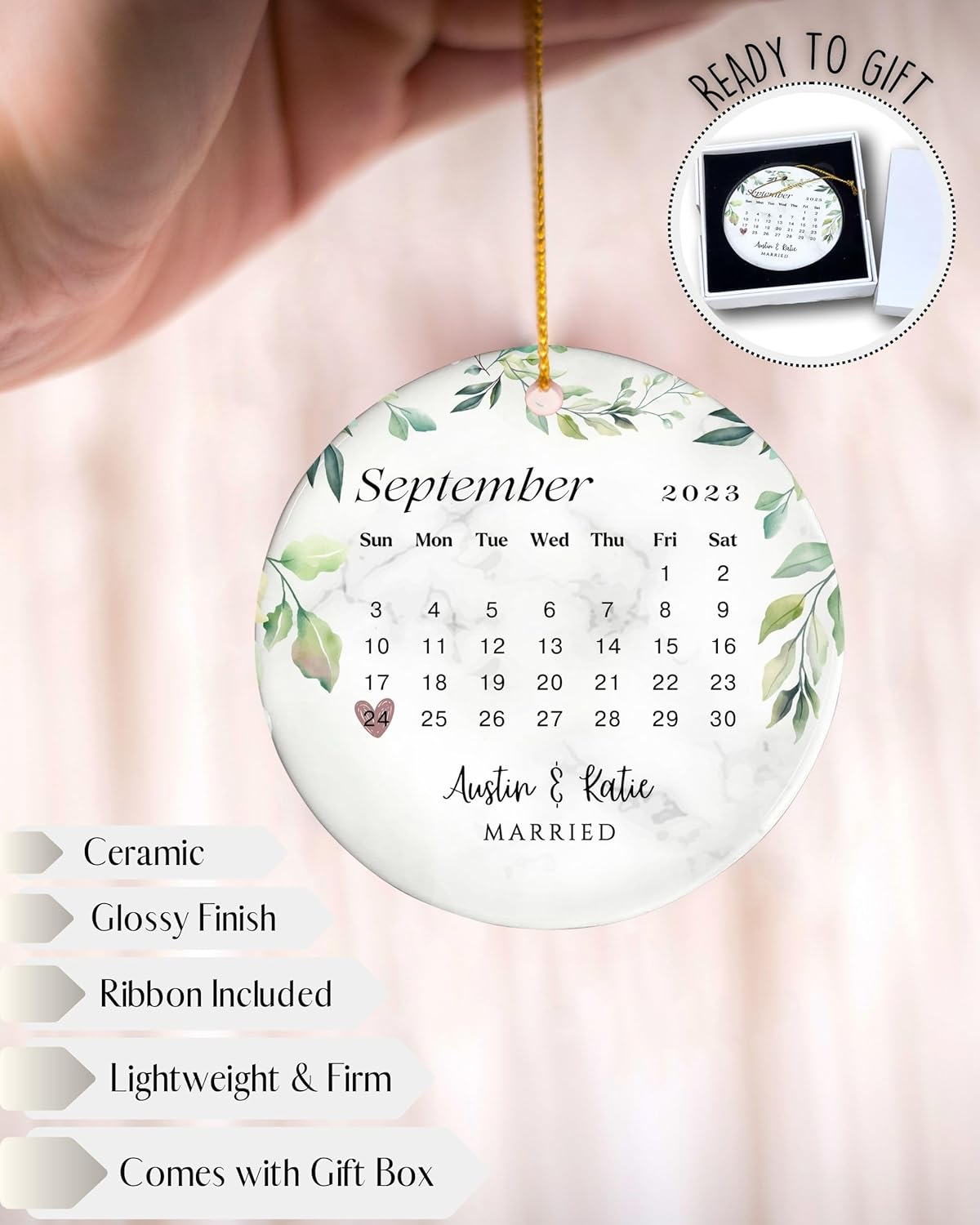 Our First Christmas Married Ornament 2025, Personalized 1st Christmas Married Ceramic Ornament (Wedding Date)
