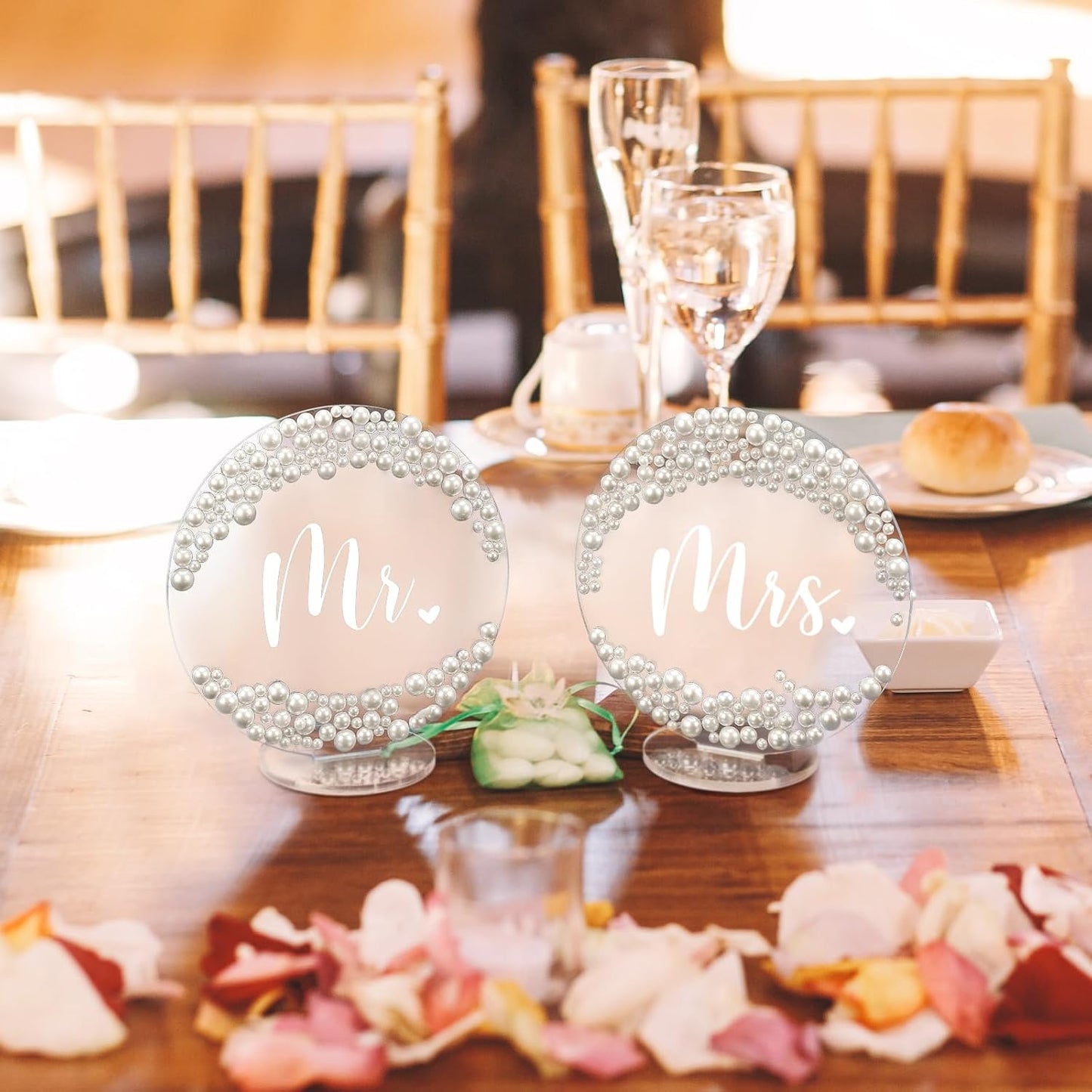 2 Pcs Mr and Mrs Sign for Wedding Table Decorations 6 Inch Acrylic Mr & Mrs Signs Pearl Sparkly Bride Groom Wedding Stuff Centerpieces for Reception Engagement Party Head Table(Round)