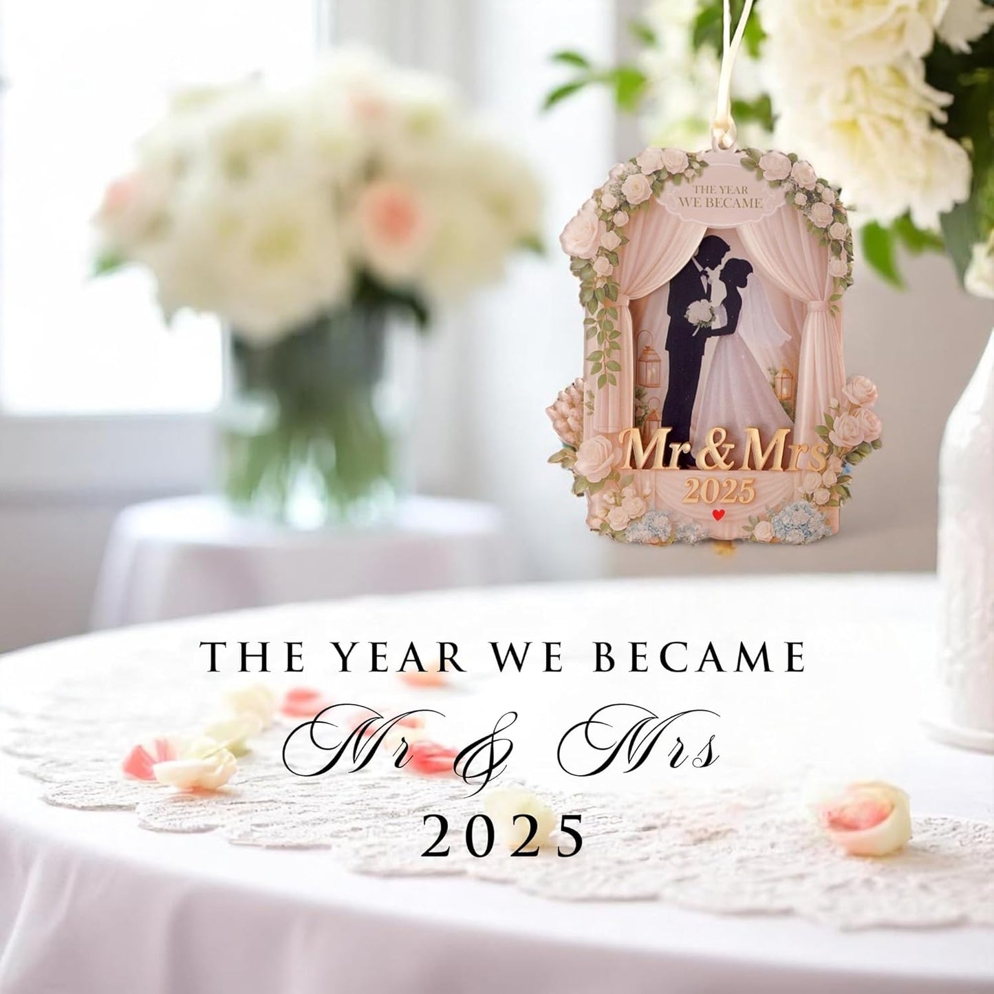 Wedding Gifts for Couples 2025, 3D Acrylic Double Layers Just Married Ornament 2025, Mr and Mrs Ornaments, Car Hanging Ornament, Bride Gift, Gift for Newlyweds (Wedding Ornament White)