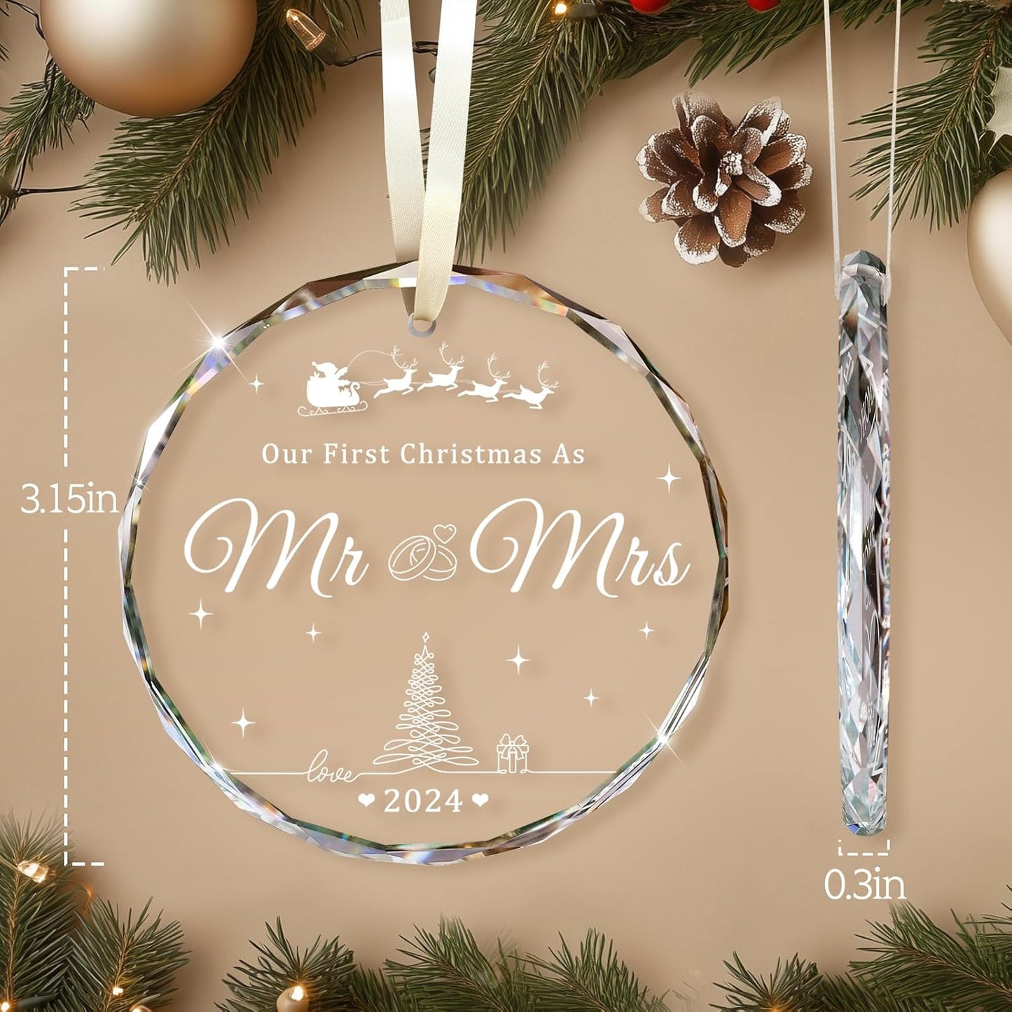 Wedding Gifts, Mr and Mrs Gifts, First Christmas Married Ornament 2024, Wedding Gift for Couple, Unique Crystal Bridal Shower Gift for Bride