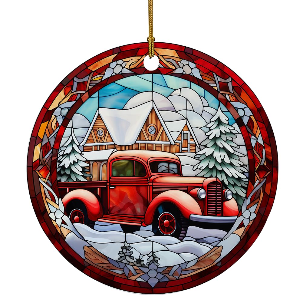 Red Truck Farmhouse Ornament, Stained Ceramic Christmas Ornament, Red Vintage Truck Ornament, Stained Glass Themed Ceramic Christmas Ornament