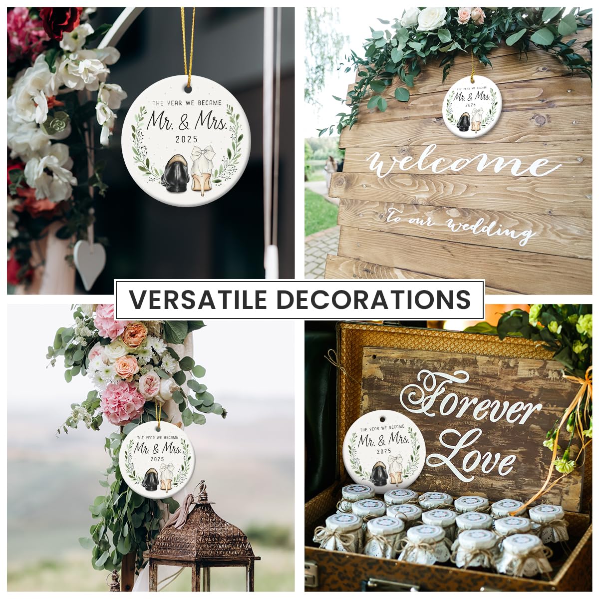 First Christmas Married Ornament 2025 - Engagement Gifts for Couples, Double Sided Ceramic Mr and Mrs Ornaments as Bridal Gift for Bride, Groom, Unique Wedding Gifts for Newlyweds Friends