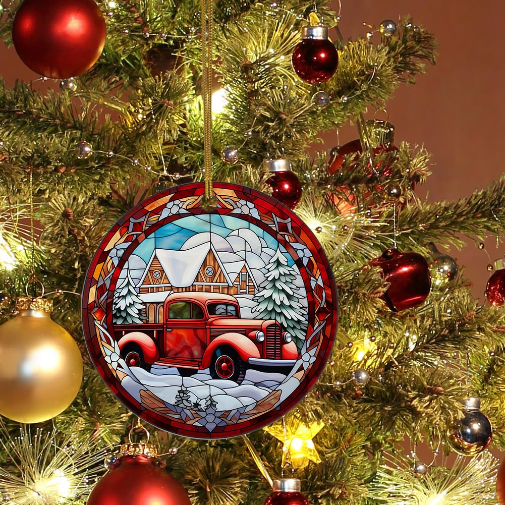 Red Truck Farmhouse Ornament, Stained Ceramic Christmas Ornament, Red Vintage Truck Ornament, Stained Glass Themed Ceramic Christmas Ornament
