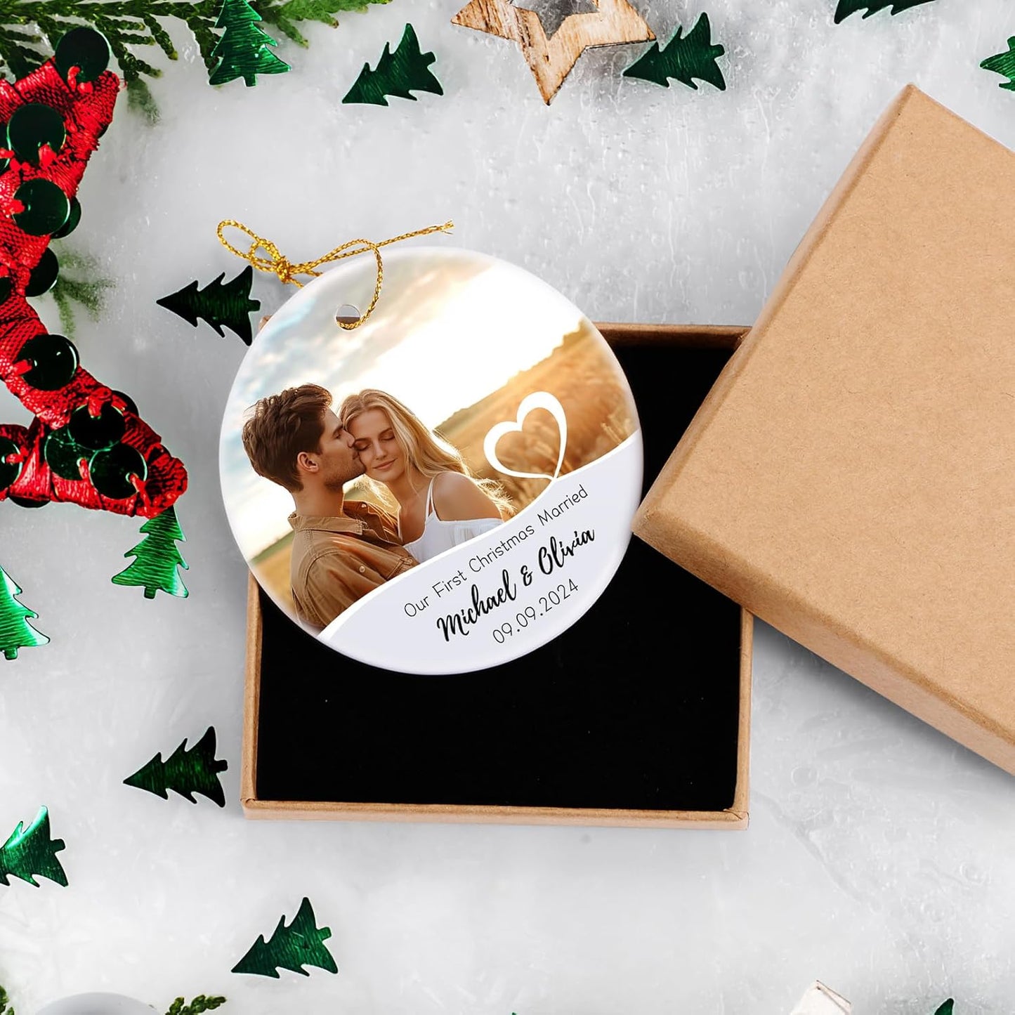 Our First Christmas Married Ornament, Personalized Engaged Ornament 2024, Customized Photo Tree Decoration Gifts for Couples Him Her