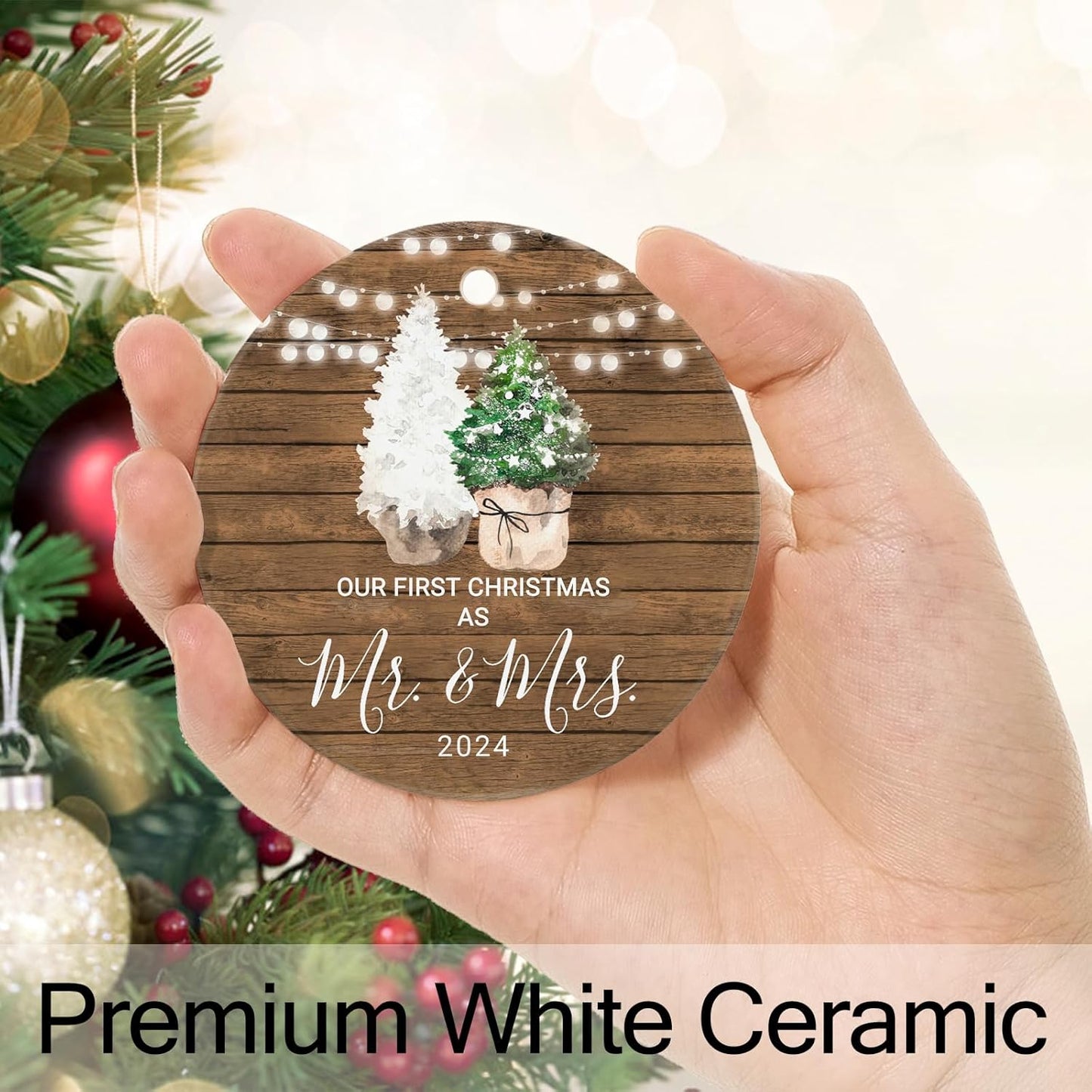 Our First Christmas Keepsake Ornament 2024, Just Married Gift for Newlyweds, Ceramic 1st Christmas Married Ornament with Ribbon and Gift Box