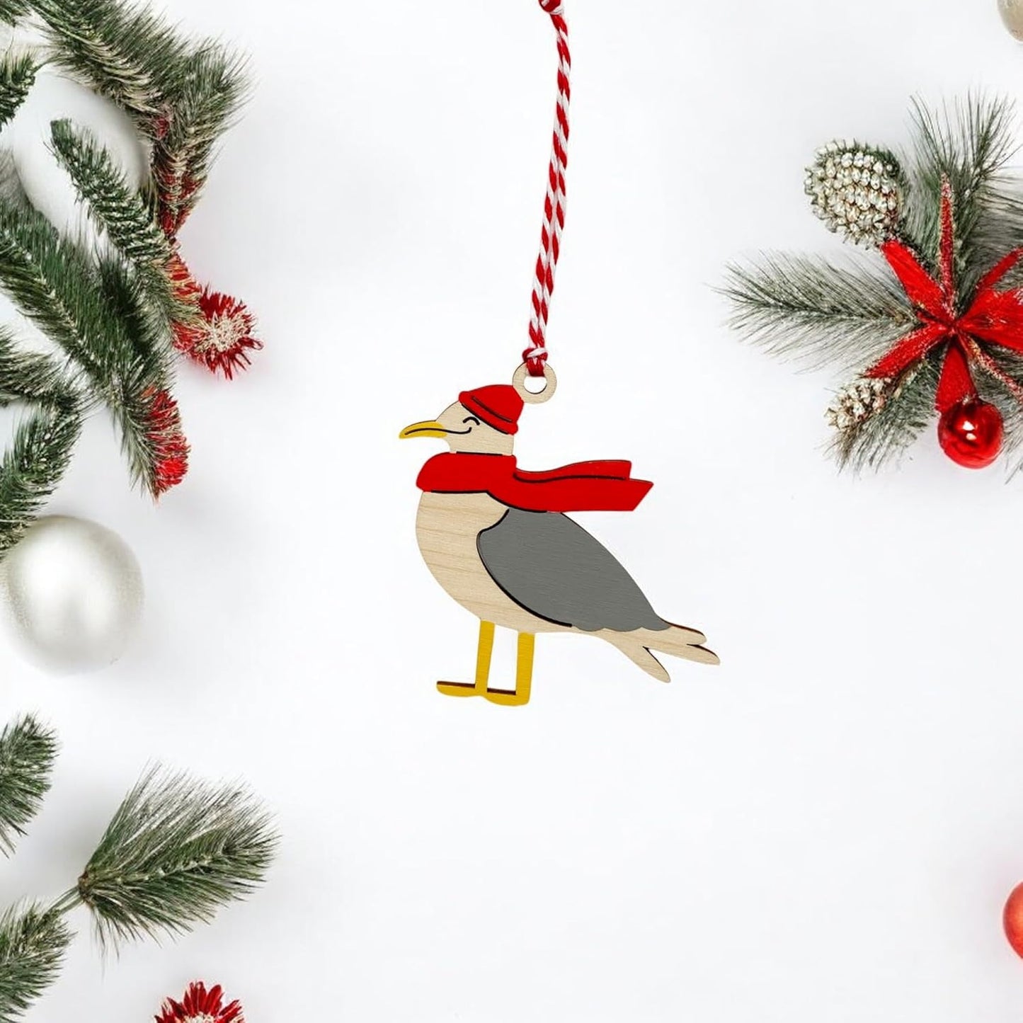 AXAHUHA Christmas Tree Ornament, Wooden Seagull Decoration, Red and Gray, Christmas Ornament, Hanging Ornament