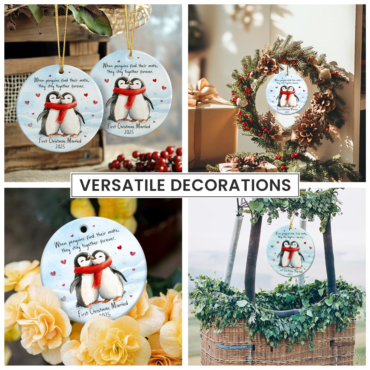 First Christmas Married Ornament 2025 - Wedding Gifts for Newlyweds, Double Sided Ceramic Ornament for Christmas Tree Decorations, Gifts for Newly Engaged Couples, Gift for Bride