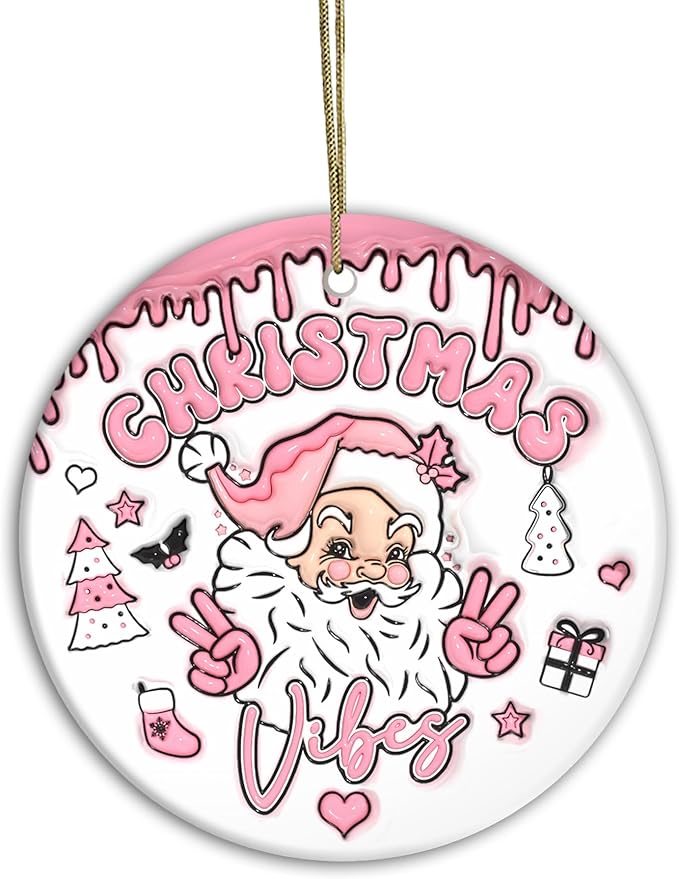 3D Effect Christmas Ornament 2024 | Christmas Vibes Cute Santa 3D Christmas Ornament, Funny Ornament, Christmas Tree with Pink Ornament (Christmas Vibes)