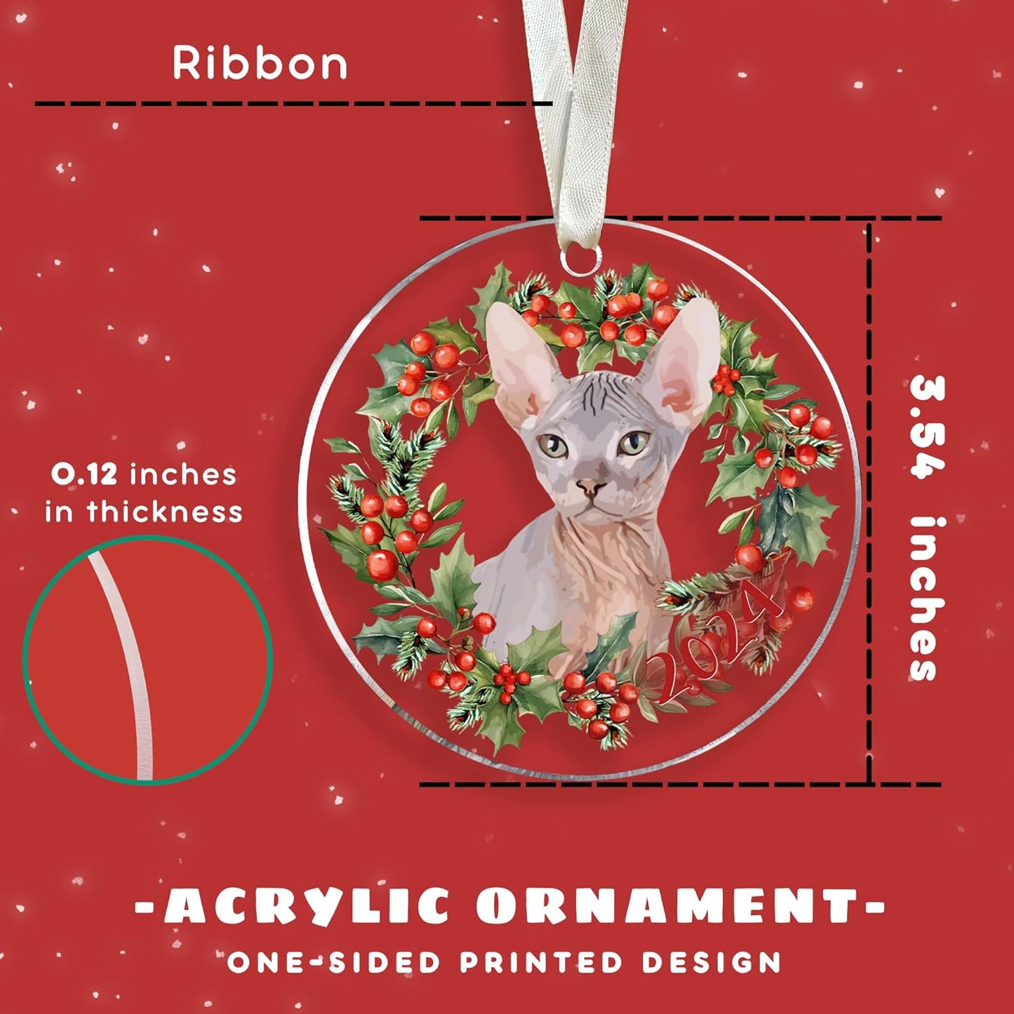 Sphynx Cat Christmas Ornament - Cat Lover Gifts for Women, Men - Acrylic Christmas Ornament 2024