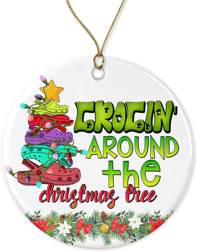 Crocin Around The Christmas Tree Ornament - Christmas Tree Ornament - Round Ceramic Ornament - Ornament for Croc Lovers Friends Printed on One Side