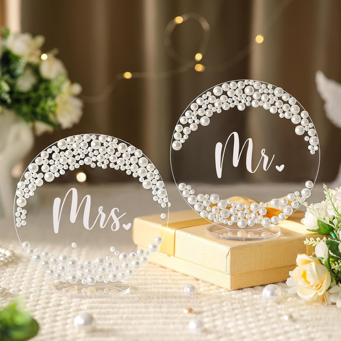 2 Pcs Mr and Mrs Sign for Wedding Table Decorations 6 Inch Acrylic Mr & Mrs Signs Pearl Sparkly Bride Groom Wedding Stuff Centerpieces for Reception Engagement Party Head Table(Round)
