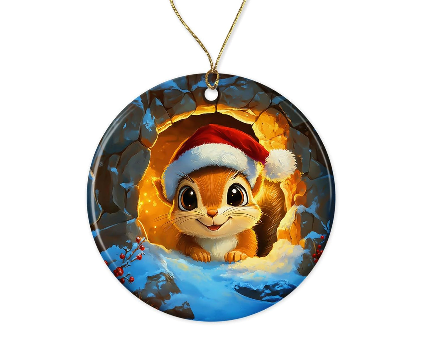 Cute Squirrel Ornament - Squirrel Ceramic Ornament - Squirrel Christmas Holiday Ornament - Xmas Haning Round Ornament - Merry Ornament Printed on Both Sides