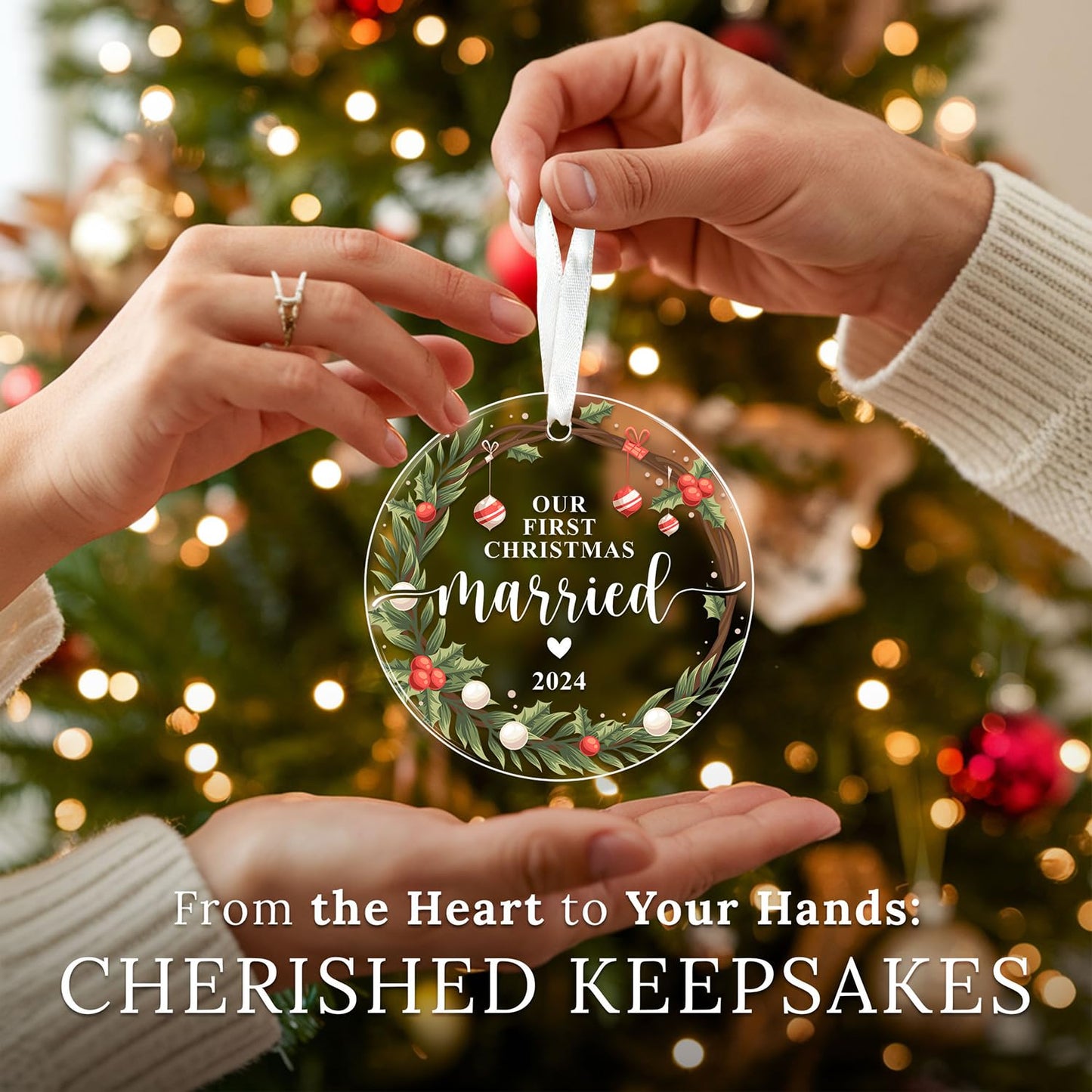 HEXMOZ First Christmas Married Ornament 2024 - Just Married, Mr & Mrs Gifts for Newlyweds - Bridal Shower Wedding Gifts for Bride - Acrylic Wedding Ornament 2024
