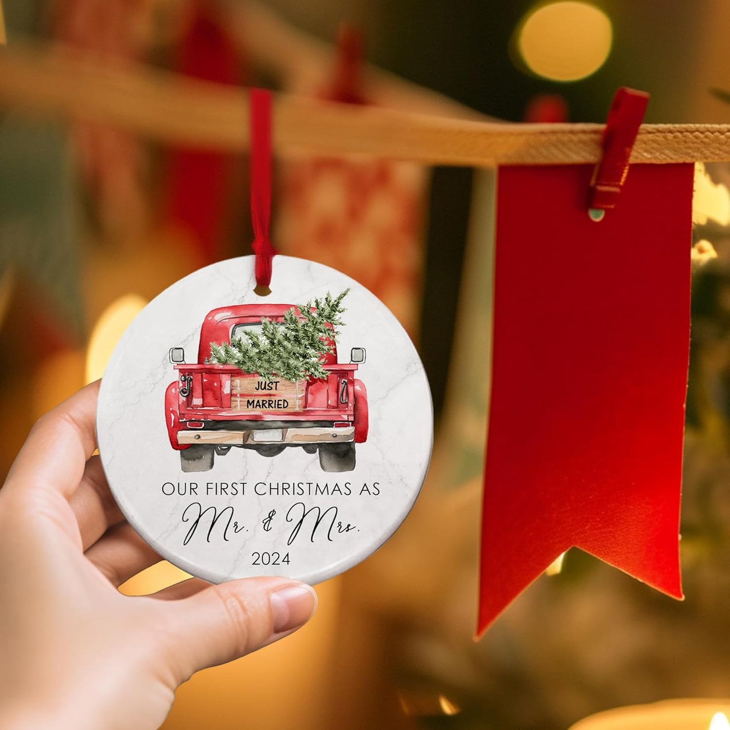 Wedding Gifts for Couples 2024 - First Christmas Married Ornament, Just Married Ornaments, Mr & Mrs Gift Ideas for Newlywed, Bridal Shower Bride Presents, 1st Xmas Married Ceramic Ornament w/Gift Bag