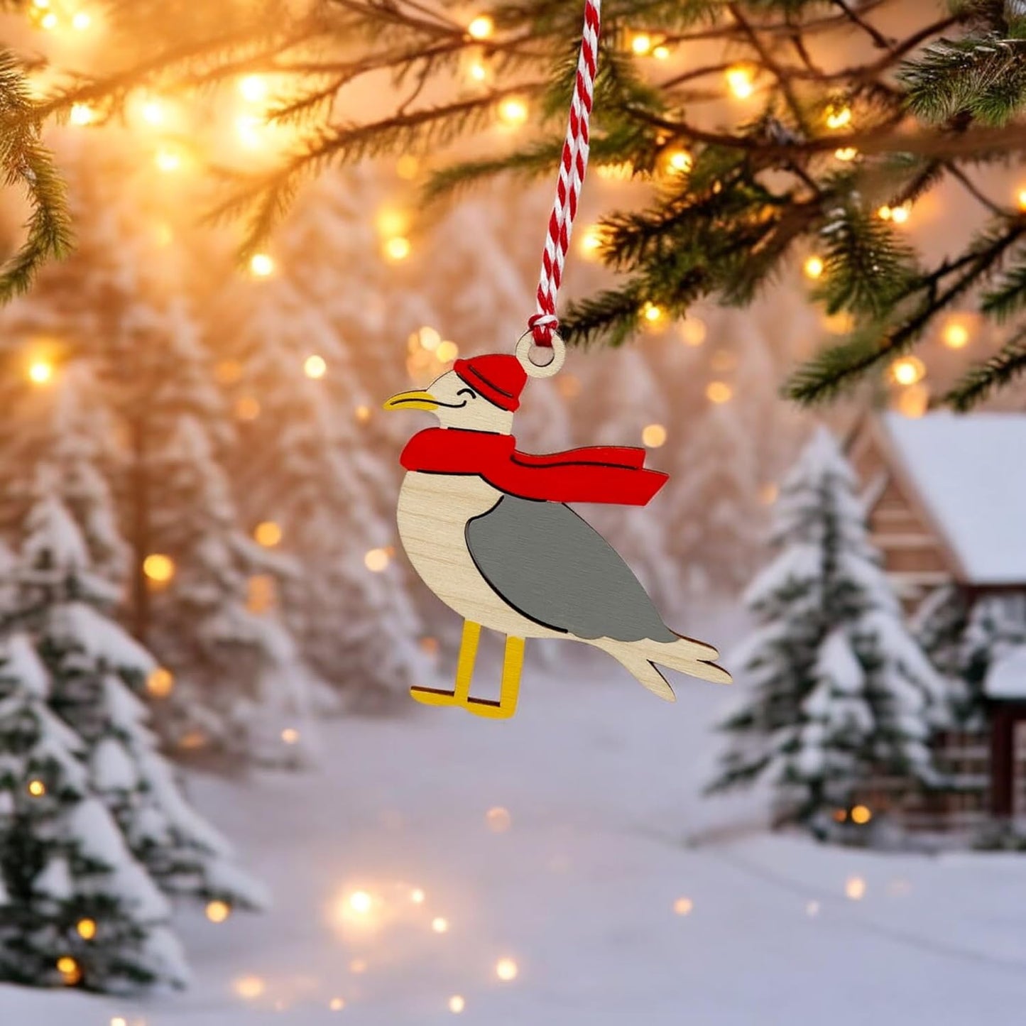 AXAHUHA Christmas Tree Ornament, Wooden Seagull Decoration, Red and Gray, Christmas Ornament, Hanging Ornament