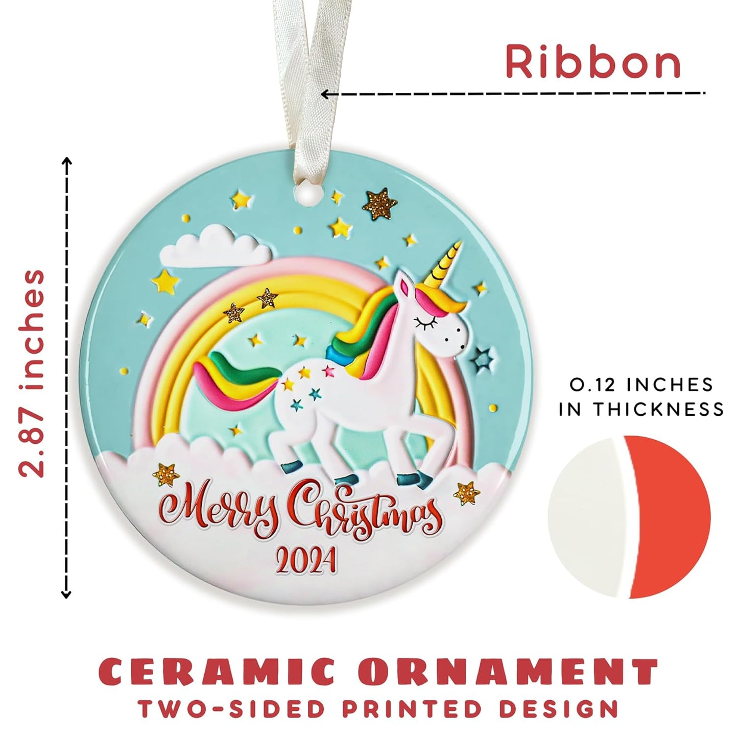 Unicorn Christmas Ornament - Unicorn Ornaments for Christmas Tree, Kids Ornaments - Rainbow Unicorns Ceramic Ornament