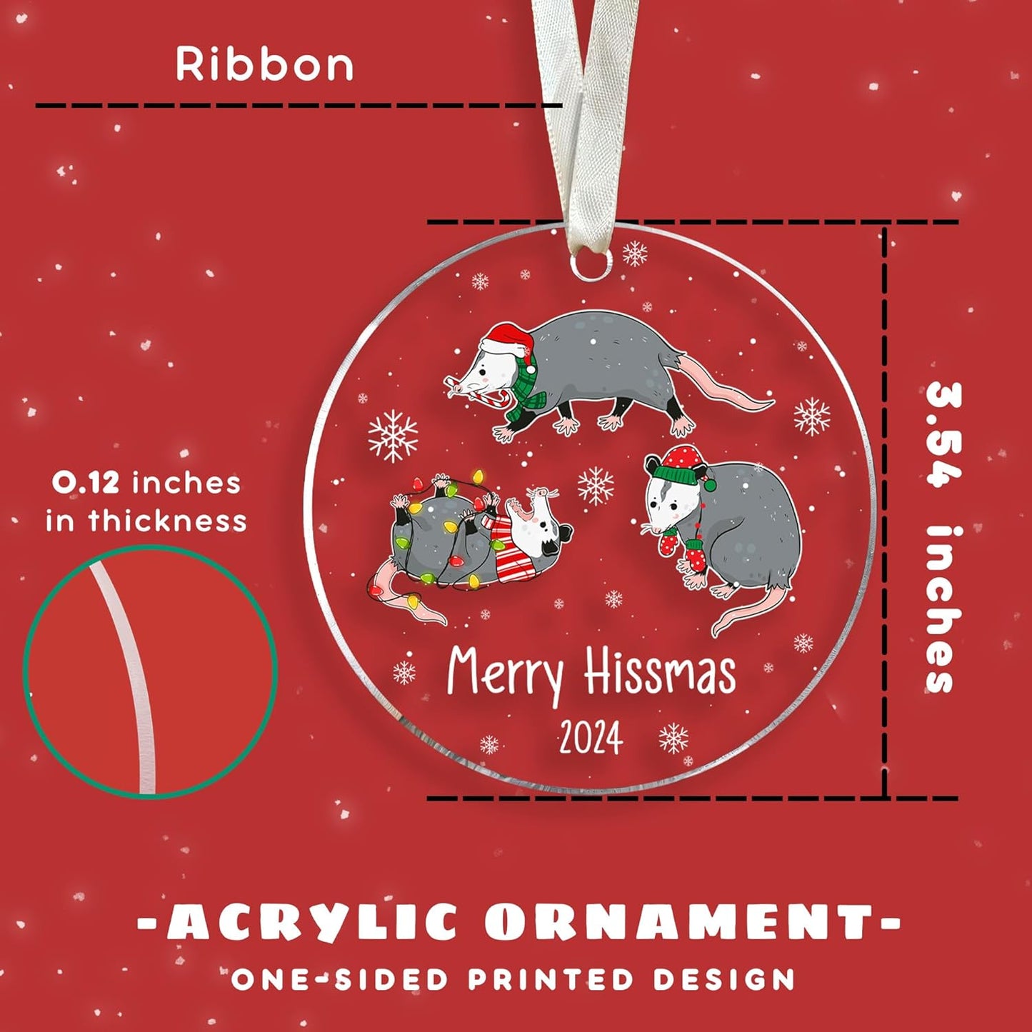 Acrylic Opossum Ornament - Christmas Opossum Gifts for Women & Men - Perfect for Tree Decorating