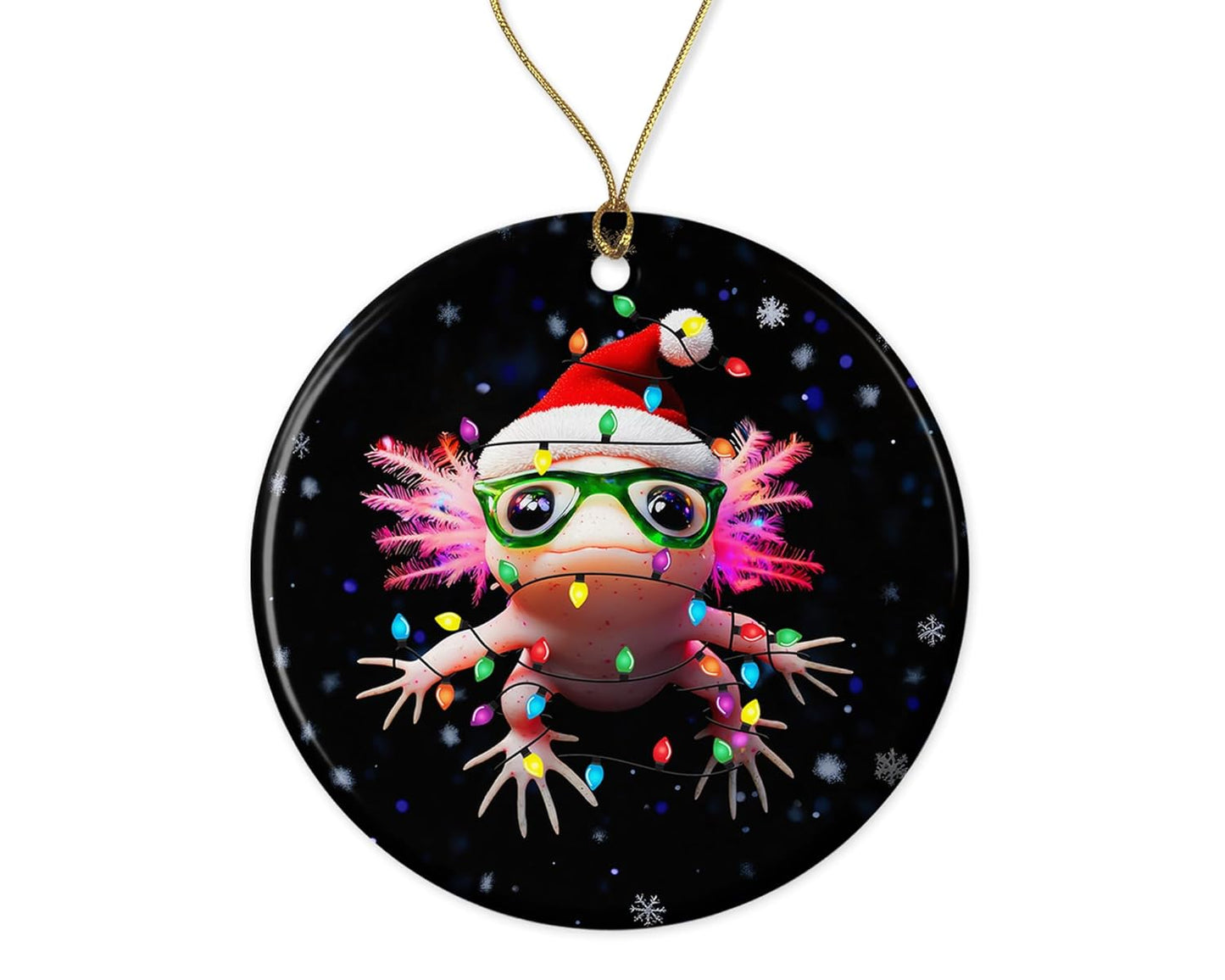 Axolotl and Christmas Light Ornament - Axolotl Christmas Ornament - Cute Axolotl Ceramic Ornament - Funny Holiday Ornament - Animal Ornament Printed on One Side