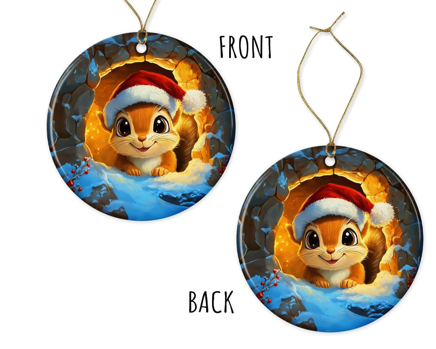 Cute Squirrel Ornament - Squirrel Ceramic Ornament - Squirrel Christmas Holiday Ornament - Xmas Haning Round Ornament - Merry Ornament Printed on Both Sides