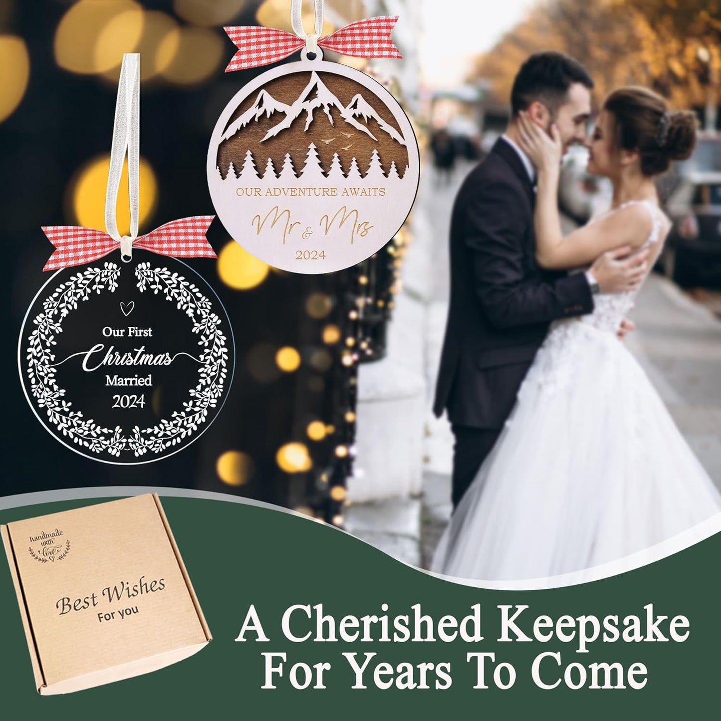 Pack of 2 Our First Christmas Married 2024, Adventure Awaits Mr Mrs Ornament, 1st Just Married Newlywed, Wedding Gifts for Couples Bridal Shower, Christmas Tree Hanging Decorations