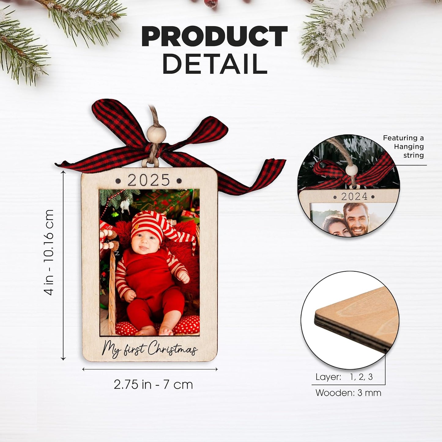 Baby's First Christmas Ornament 2025, Baby First Christmas Picture Frame Ornament, 2x3 Picture Frame Wooden Ornament, Babys First Christmas Ornament 2025 Girl, Boy, My First Christmas Ornament 2025