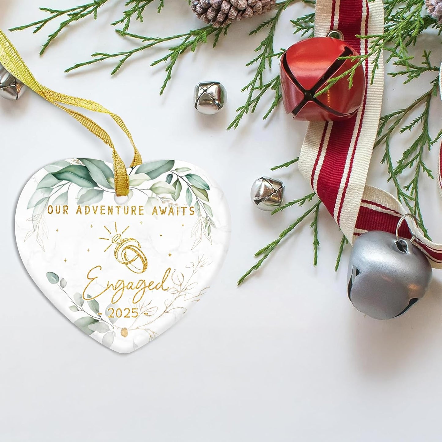 Ceramic Heart Ornament - Our Adventure Awaits Engaged 2025 - Wedding, Engagement Gifts for Couple 2025 - Gift for Newly Engaged Couple, Bride, Groom