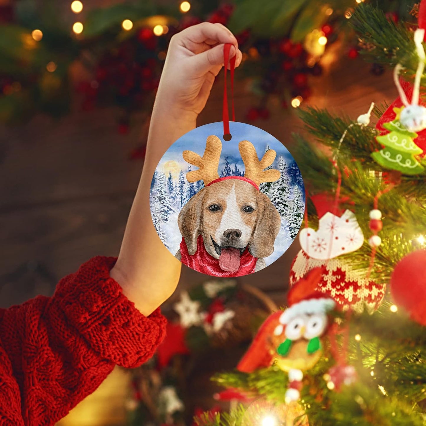 Beagle Christmas Ornament Merry Christmas Ornament Dog Deer Hat Christmas Ornament Happy New Years Ceramic Hanging Ornament for Christmas Trees Decoration First Christmas Ornament New Baby Gift