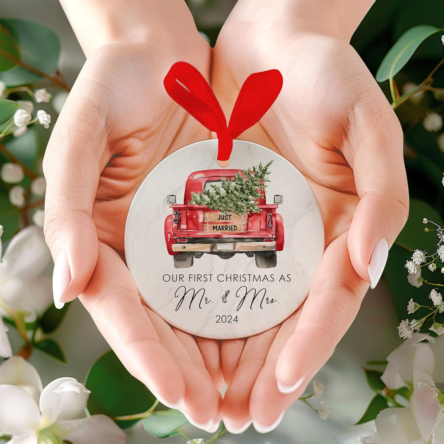 Wedding Gifts for Couples 2024 - First Christmas Married Ornament, Just Married Ornaments, Mr & Mrs Gift Ideas for Newlywed, Bridal Shower Bride Presents, 1st Xmas Married Ceramic Ornament w/Gift Bag