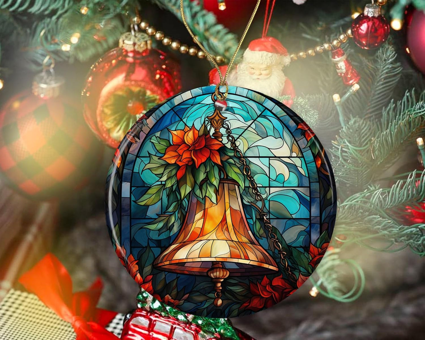 Stained Glass Christmas Bell Ornament Ceramic, Ornament Ceramic, Stained Glass Bell Ornament, Ornament Religious Gift for Christians Printed on One Side