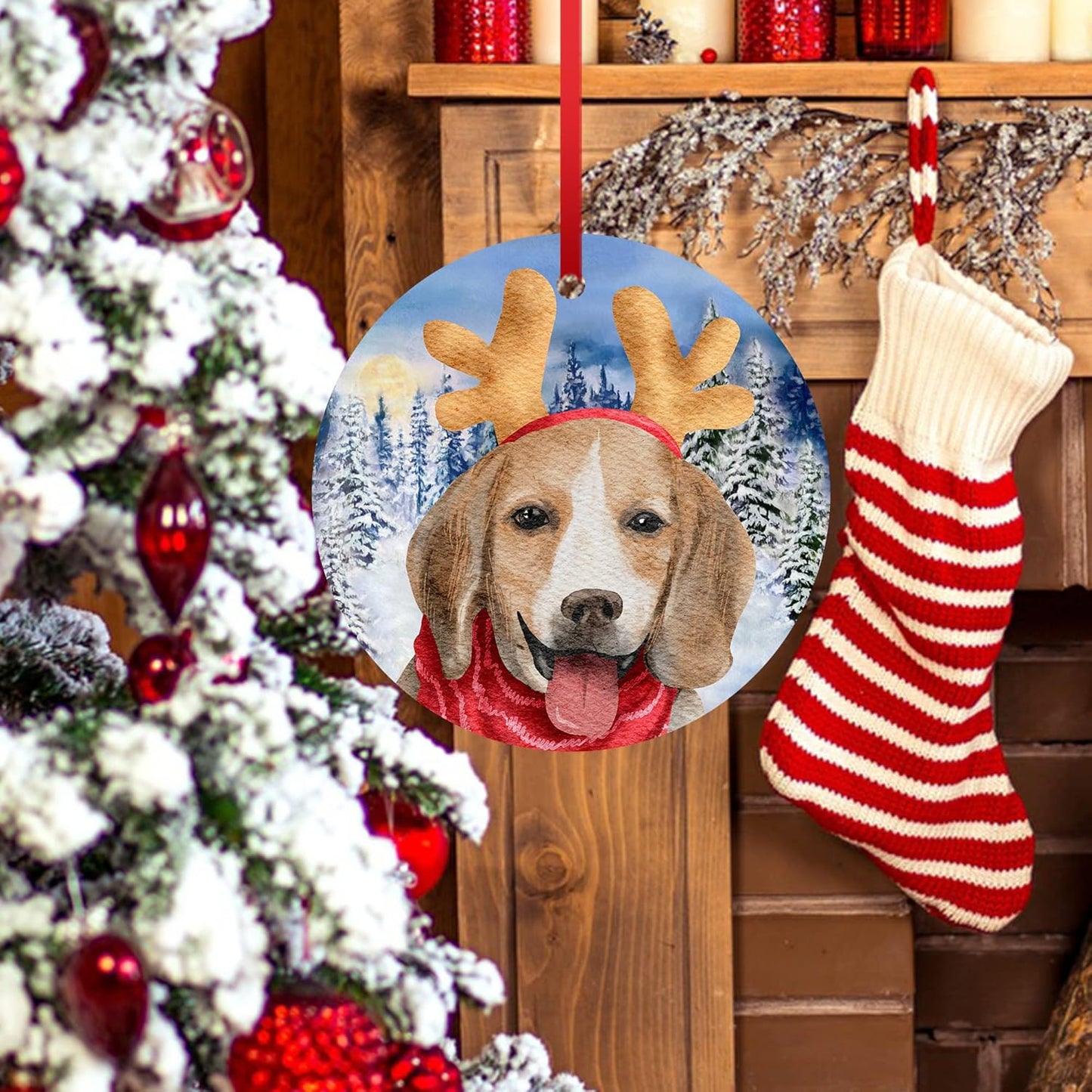 Beagle Christmas Ornament Merry Christmas Ornament Dog Deer Hat Christmas Ornament Happy New Years Ceramic Hanging Ornament for Christmas Trees Decoration First Christmas Ornament New Baby Gift