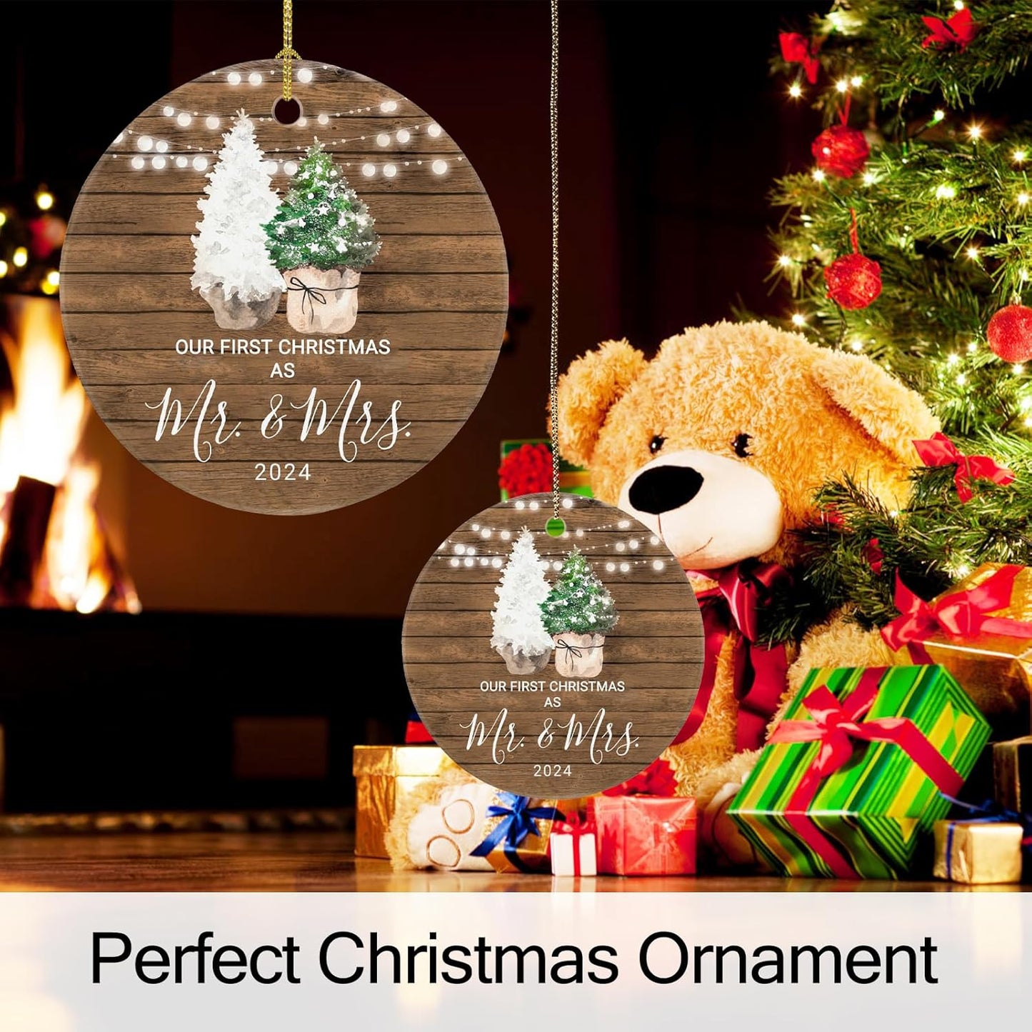 Our First Christmas Keepsake Ornament 2024, Just Married Gift for Newlyweds, Ceramic 1st Christmas Married Ornament with Ribbon and Gift Box
