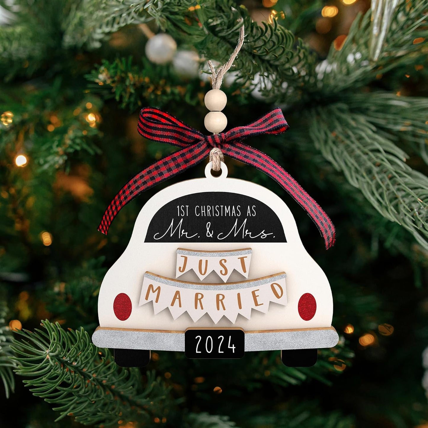 Wedding Gifts - Mr and Mrs Gifts for Couples 2024, Bride - First Christmas Married Ornament 2024-1st Married Bridal Shower Gift - Wood Ornament
