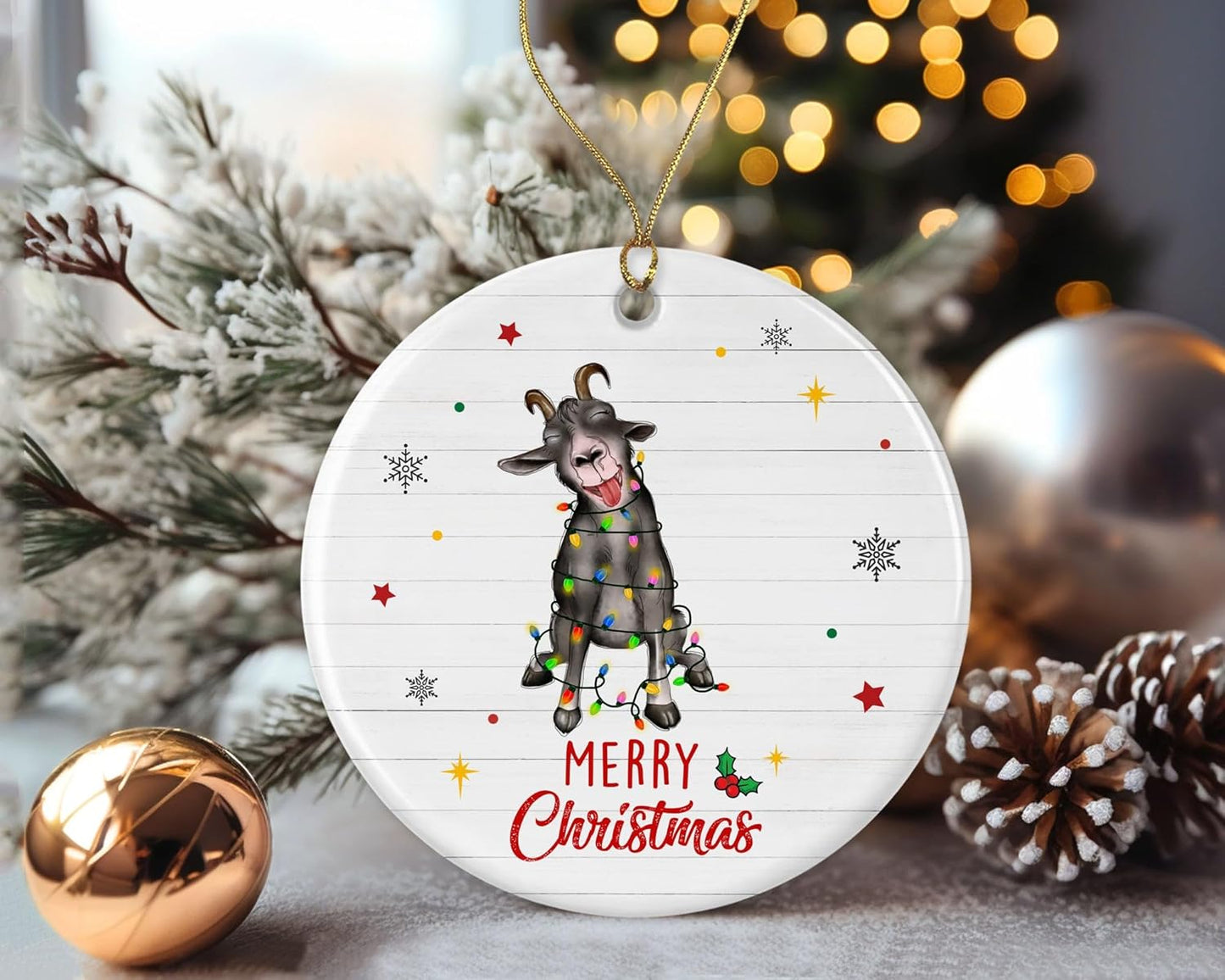 Merry Christmas Goat Ornament, 2024 Christmas Ornament, Goat Christmas Light Ornament, Kids Christmas Ornament, Animal Christmas Ornament Printed on One Side