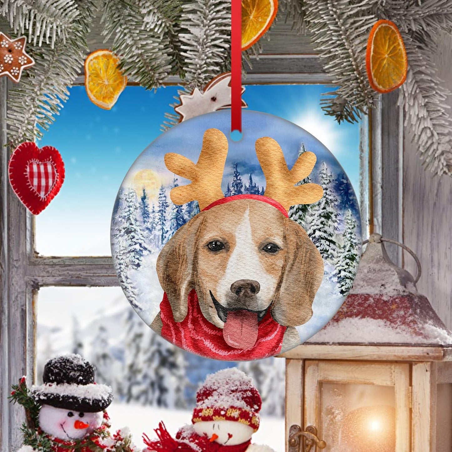 Beagle Christmas Ornament Merry Christmas Ornament Dog Deer Hat Christmas Ornament Happy New Years Ceramic Hanging Ornament for Christmas Trees Decoration First Christmas Ornament New Baby Gift