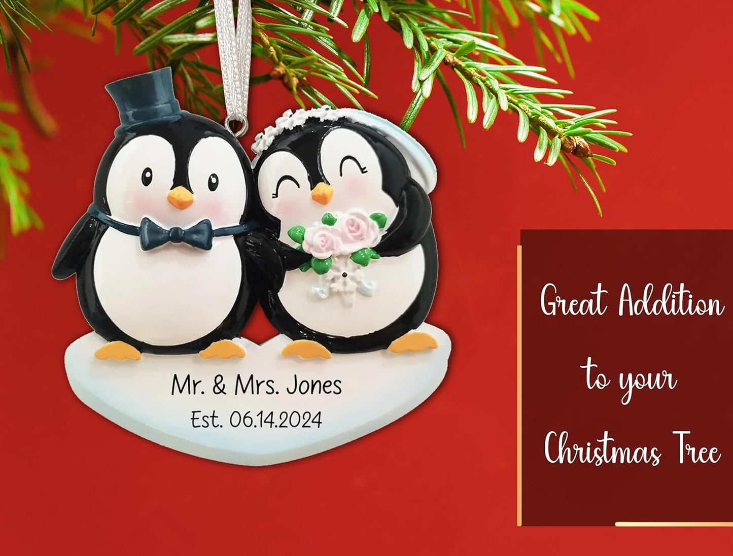 Personalized Our First Christmas Married Ornament 2025 | Customized Penguin Bride & Groom, Wedding Ornament for Xmas Tree | Just Married Newlywed Couple Marriage Keepsake