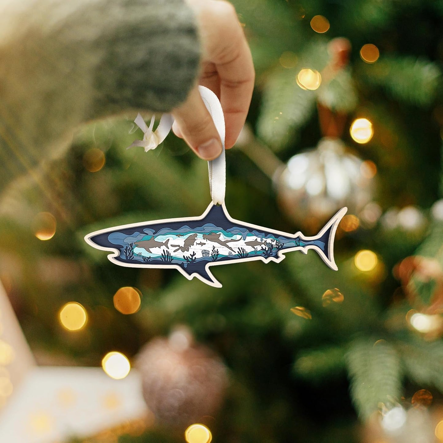 Shark Christmas Ornament - Shark Ornament - Shark Ornaments for Christmas Tree - Shark Gifts, Shark Gifts for Women, Men - Shark Themed Gifts, Gifts for Shark Lovers - Wood Ornament