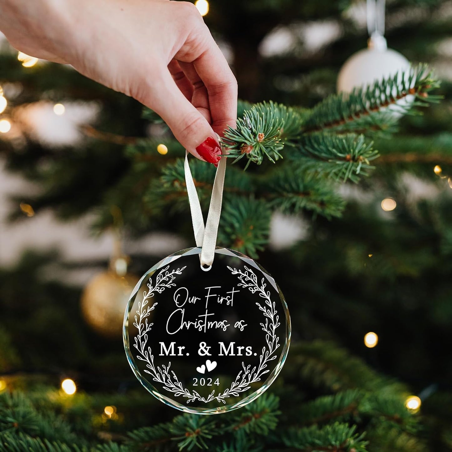 Our First Christmas Ornament Married 2024 - Wedding Gifts - Mr and Mrs Gifts for Couple, Bride - 1st Married Bridal Shower Gift Ideas - Glass Xmas Ornament