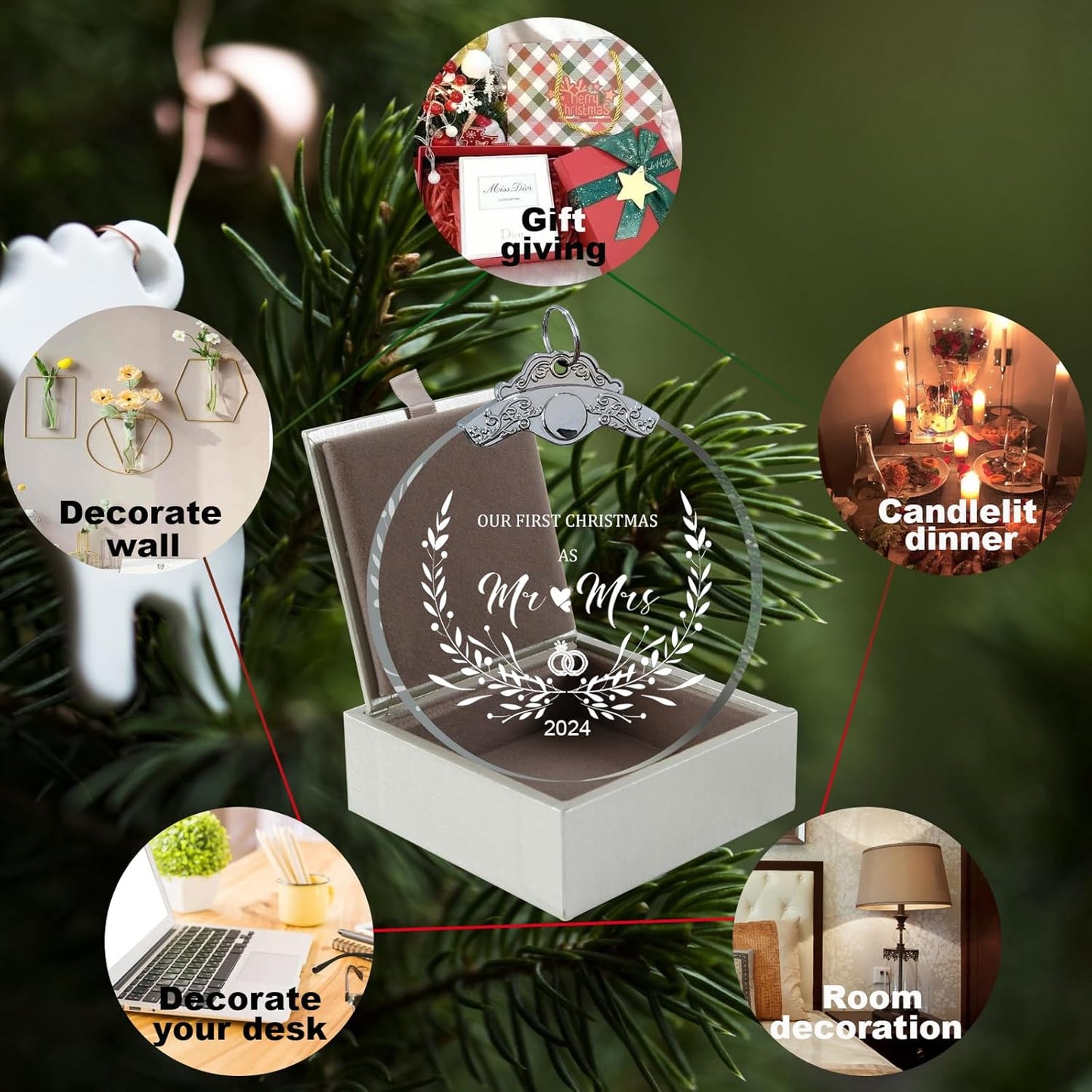 Wedding Gifts for Couples Newly Unique 2024 Crystal Glass 3" with Gift Box, First Christmas Married Ornament 2024 Mr and Mrs Gifts Just Married Ornament, Bridal Shower Gifts for Bride-Mr Mrs 2