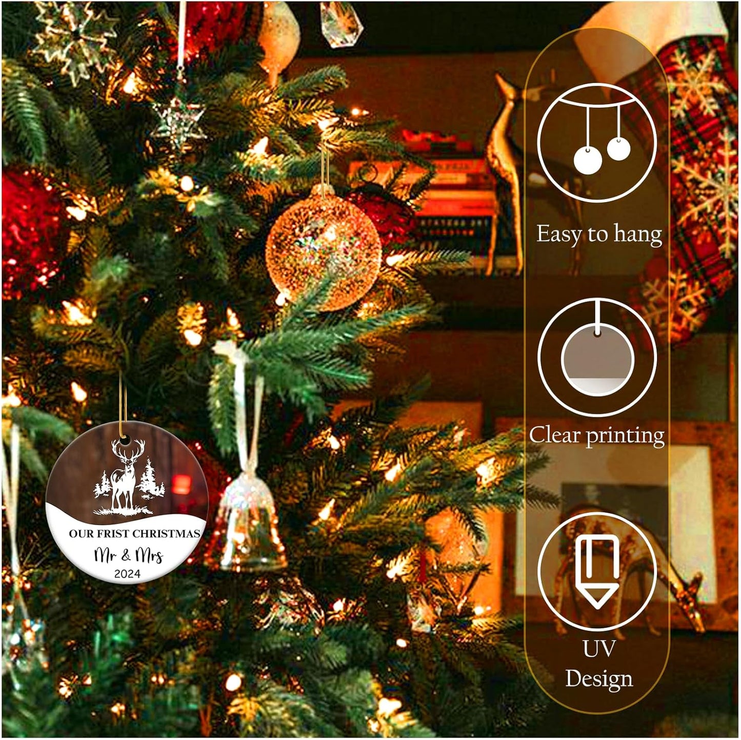 Our First Christmas Married Ornament 2024, Just Married Christmas Ornament as Mr and Mrs, First Year Newlywed 2.9 Ceramic Round Ornament Gift for Wedding Xmas Decoration