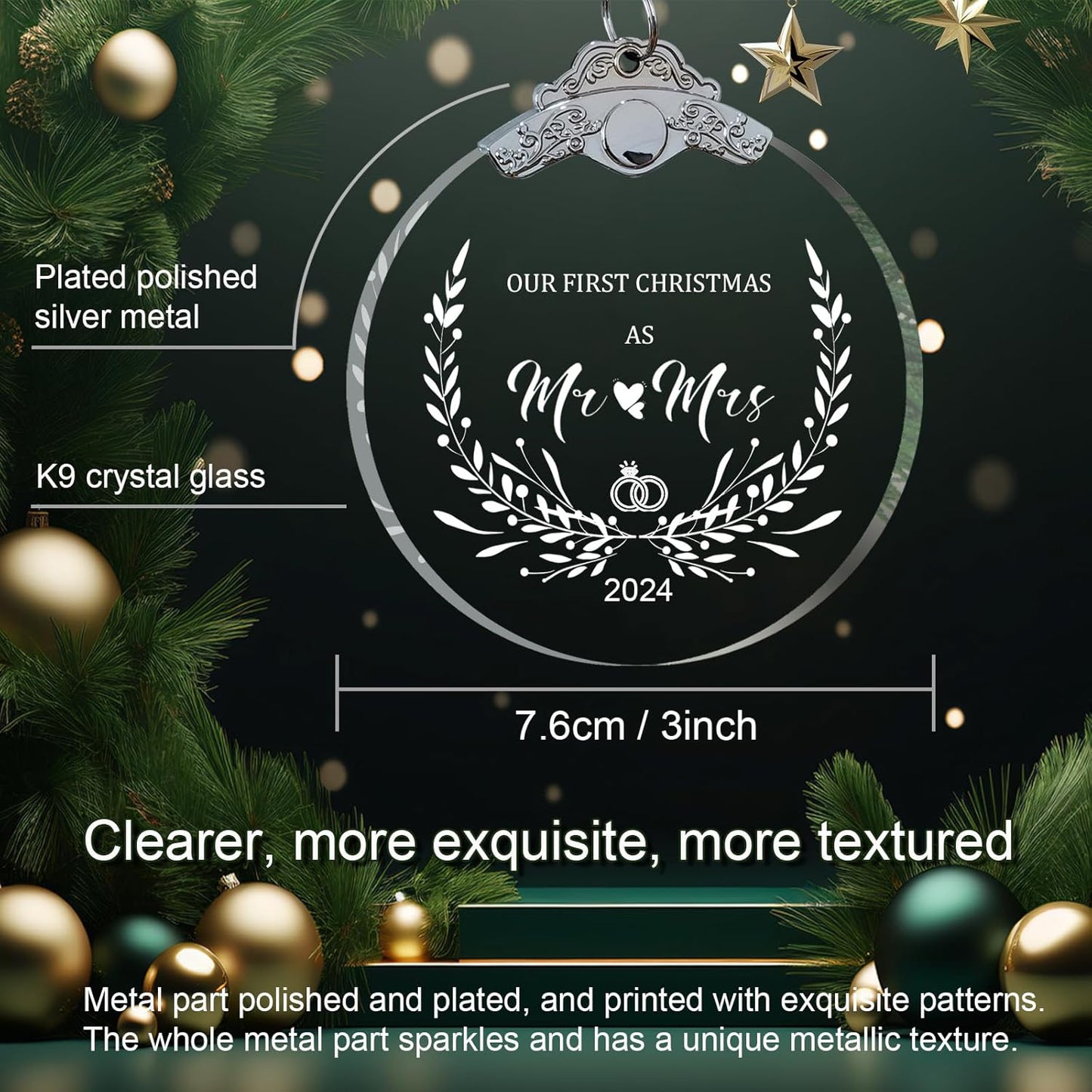 Wedding Gifts for Couples Newly Unique 2024 Crystal Glass 3" with Gift Box, First Christmas Married Ornament 2024 Mr and Mrs Gifts Just Married Ornament, Bridal Shower Gifts for Bride-Mr Mrs 2