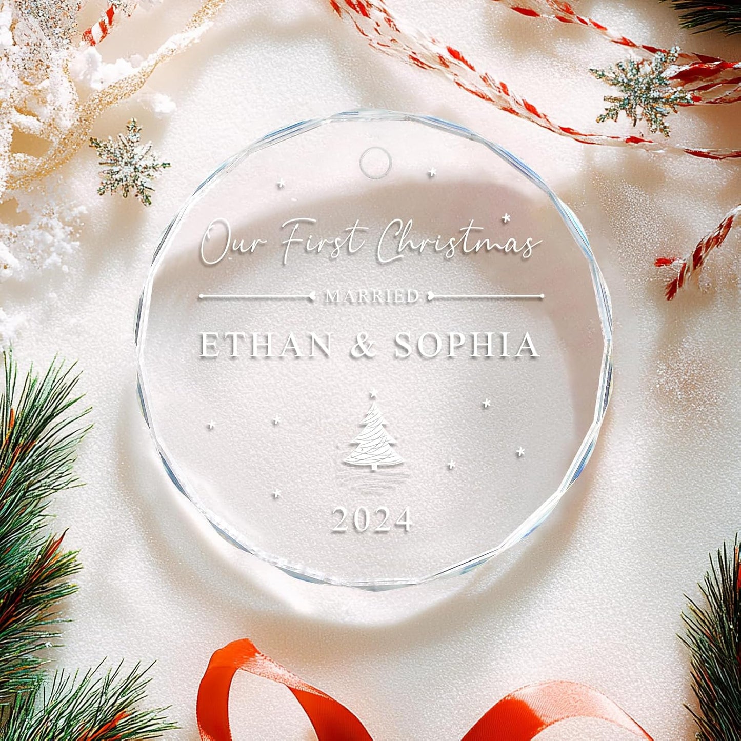 Personalized First Christmas Married Ornament 2024, 1st Year Wedding Ornament for Newlywed, Our First Engaged Christmas Ornament, Glass Hanging Decoration for Couples Just Married with Gift Box