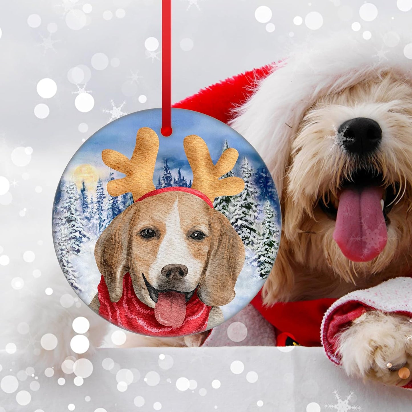 Beagle Christmas Ornament Merry Christmas Ornament Dog Deer Hat Christmas Ornament Happy New Years Ceramic Hanging Ornament for Christmas Trees Decoration First Christmas Ornament New Baby Gift